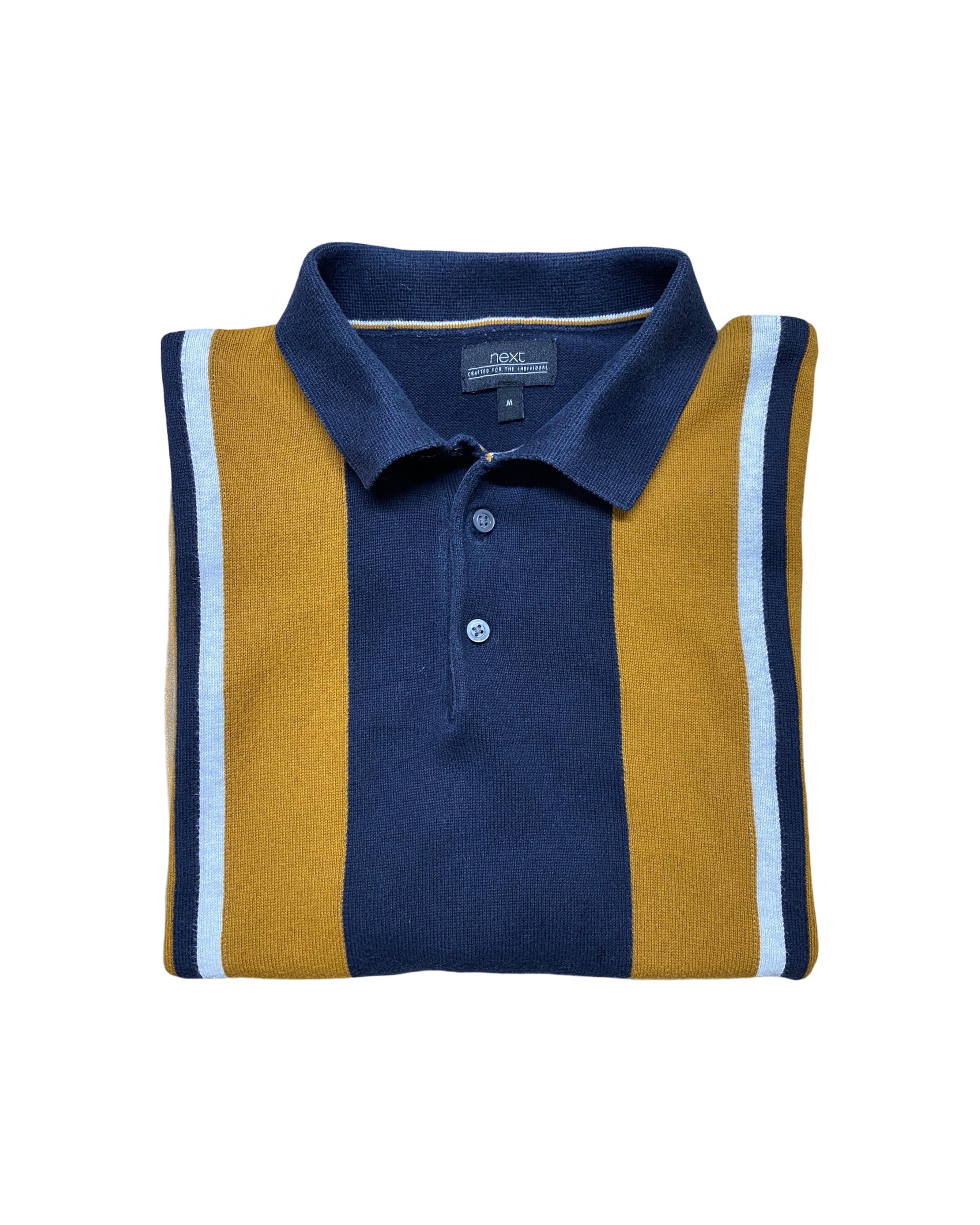 Next Navy & Mustard Striped Knitted Polo Shirt | Medium | Chest 19”