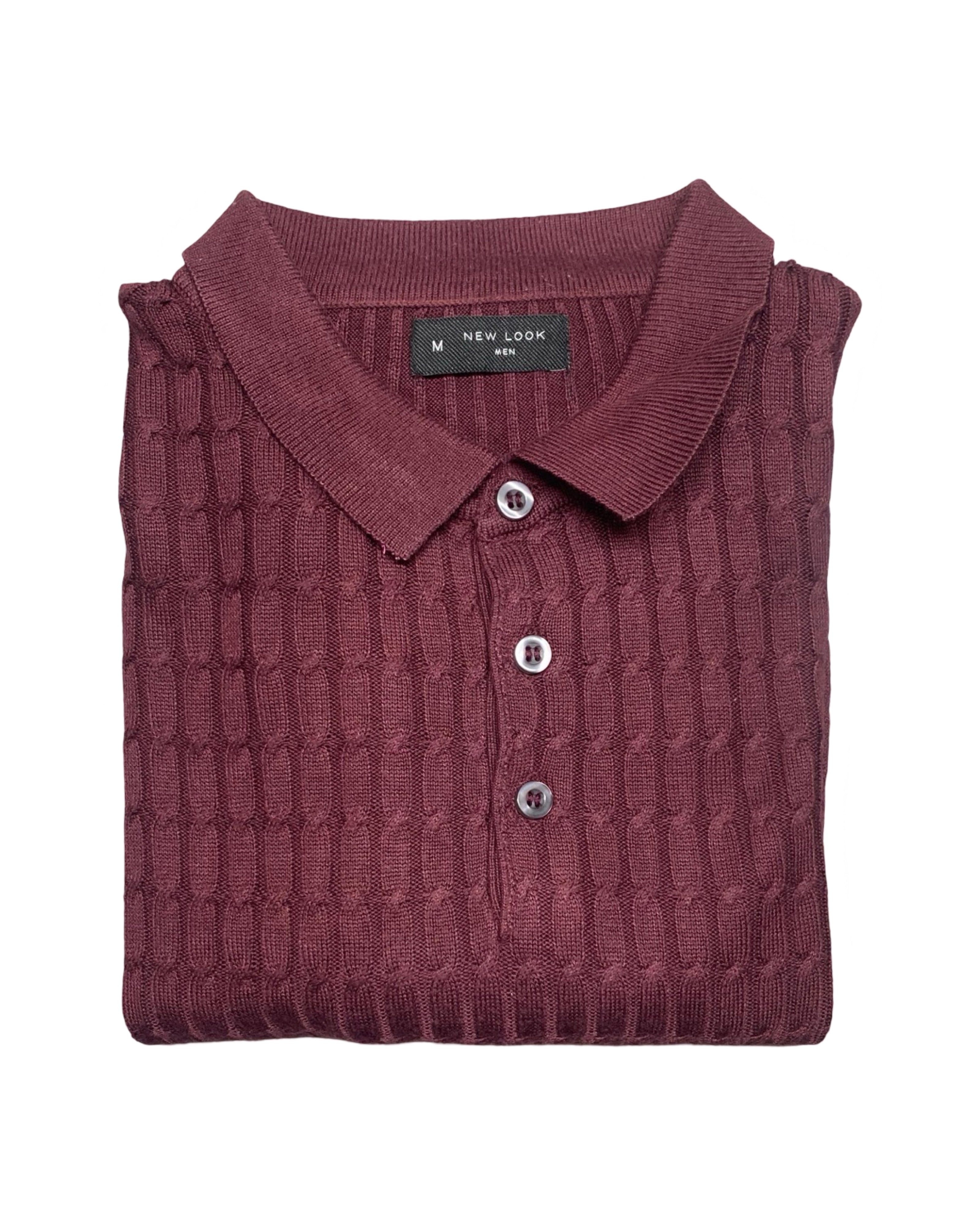 NEW LOOK Burgundy Textured Polo Shirt | Medium | Chest 21”