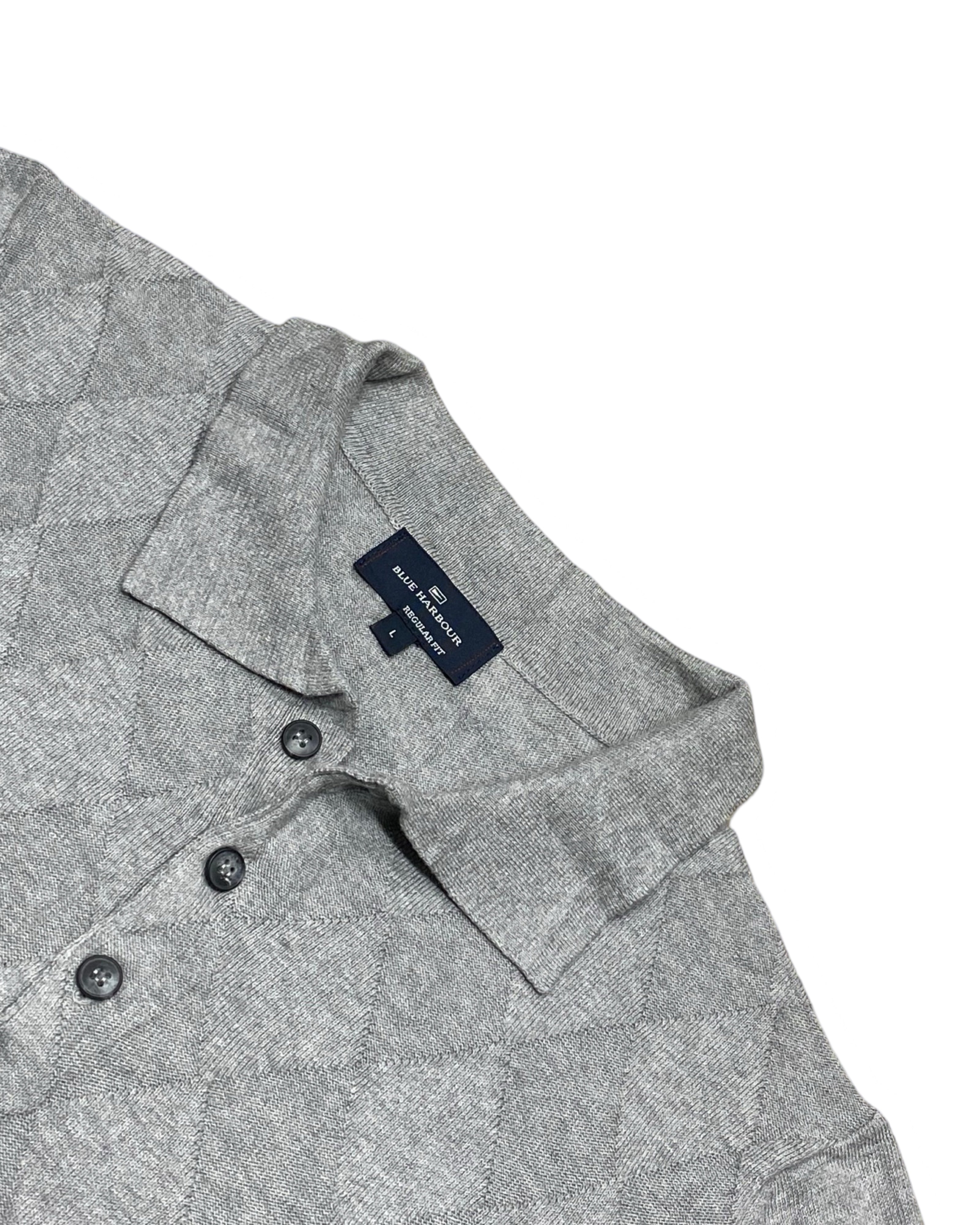 Blue Harbour Grey Textured Knit Polo Shirt | Medium | Chest 21”