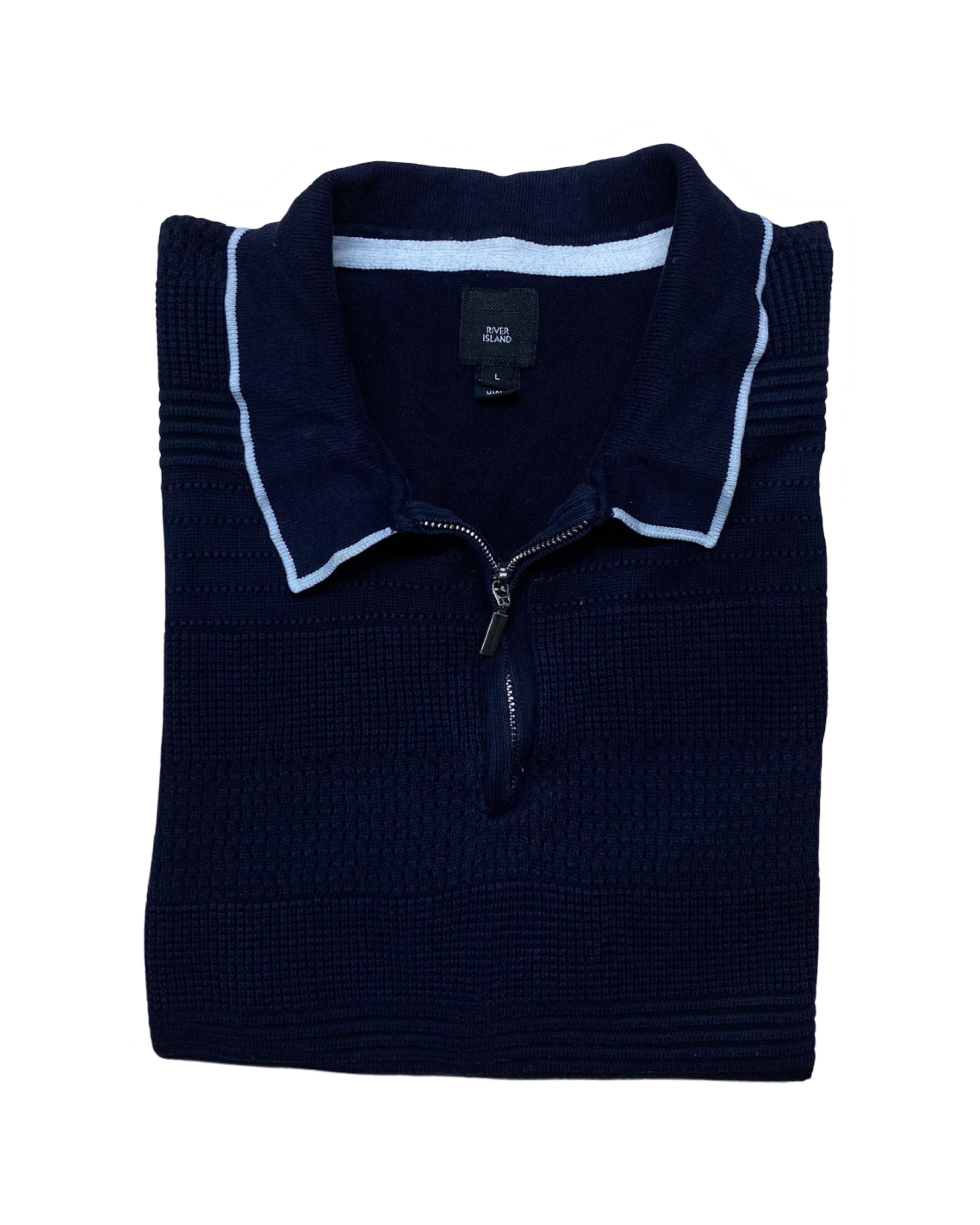 River Island Navy Zip Polo Shirt | Small/Medium | Chest 19.5”