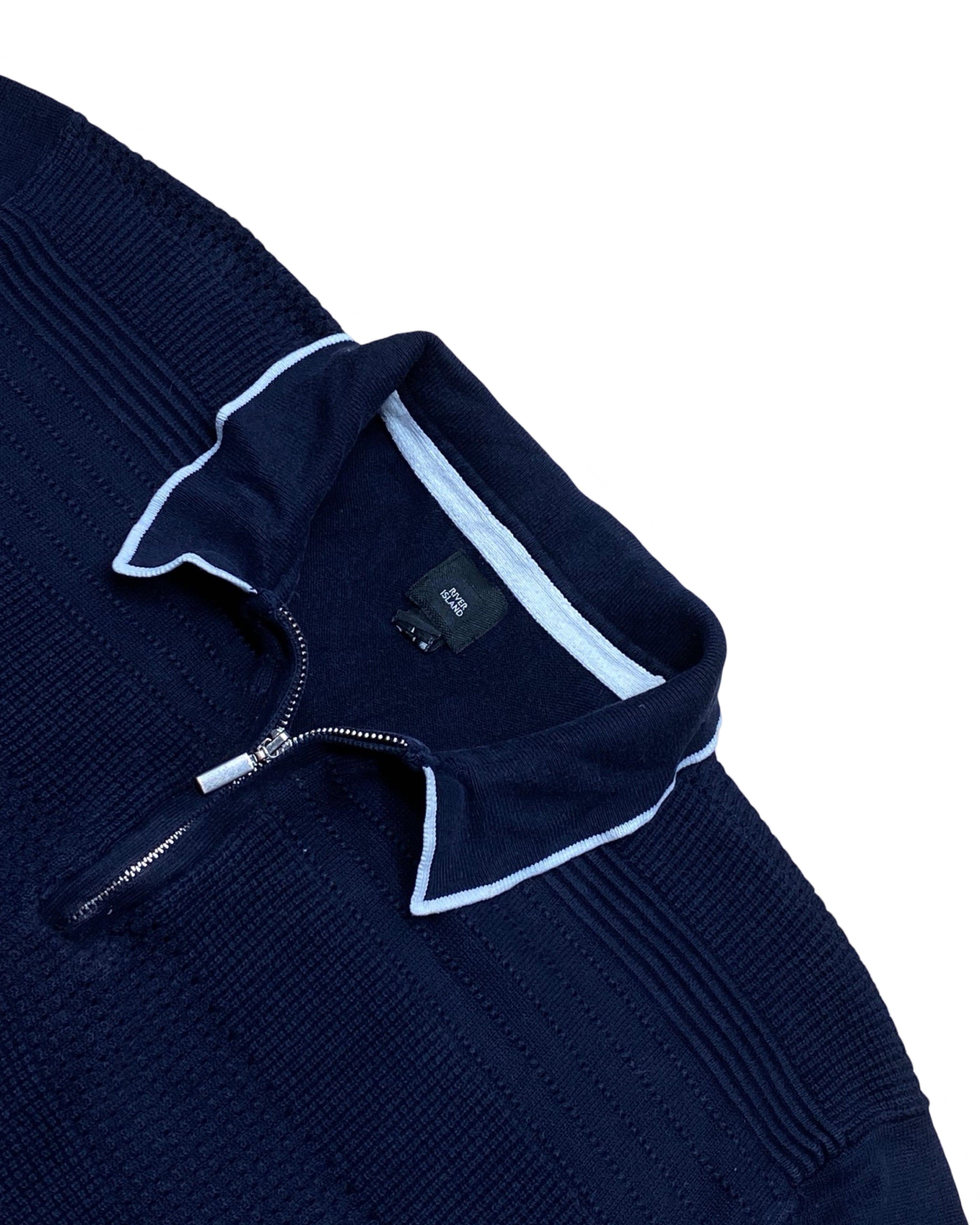 River Island Navy Zip Polo Shirt | Small/Medium | Chest 19.5”