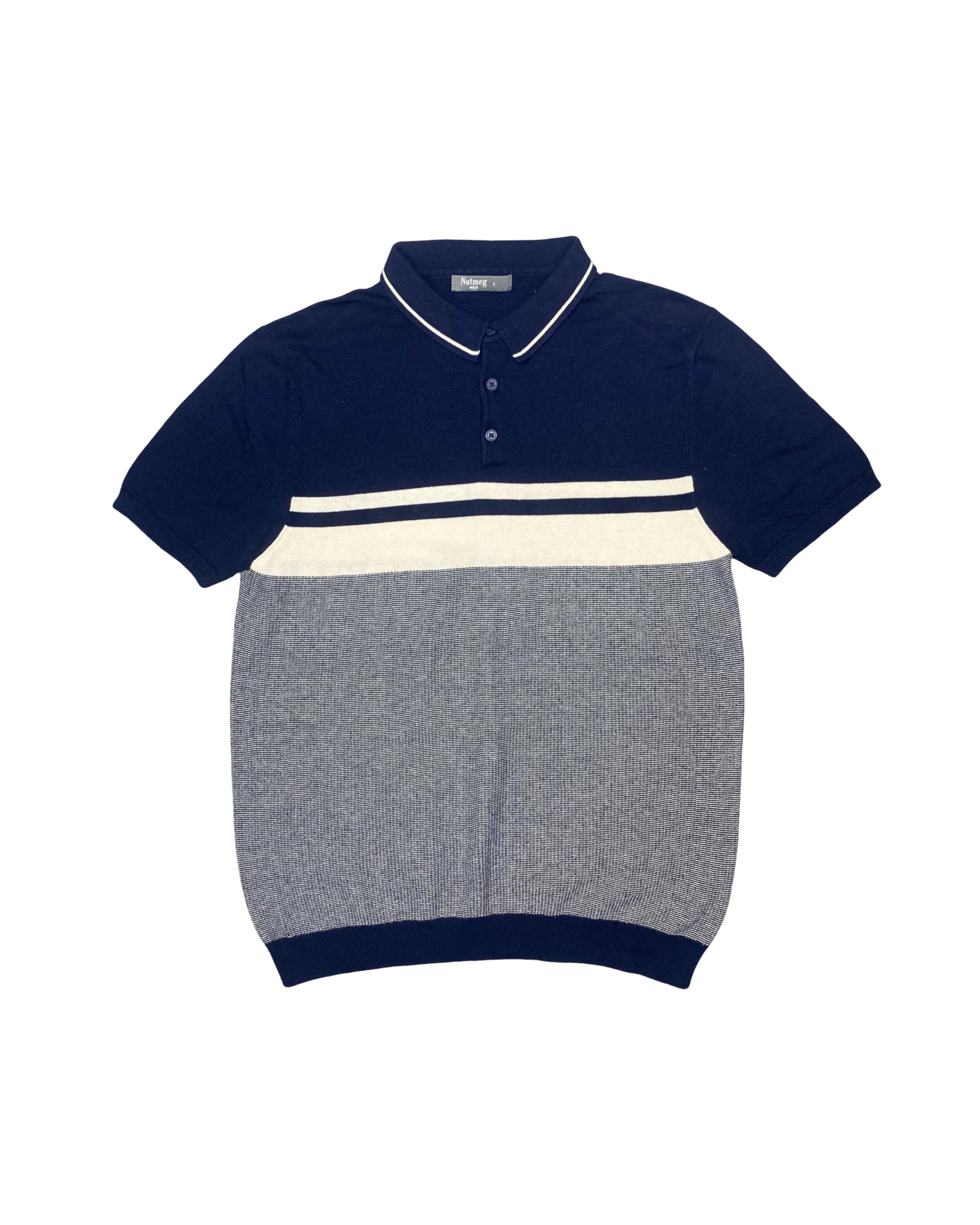 Nutmeg Navy/Gray/White Colorblock Knitted Polo Shirt | Medium | Chest 20.5”