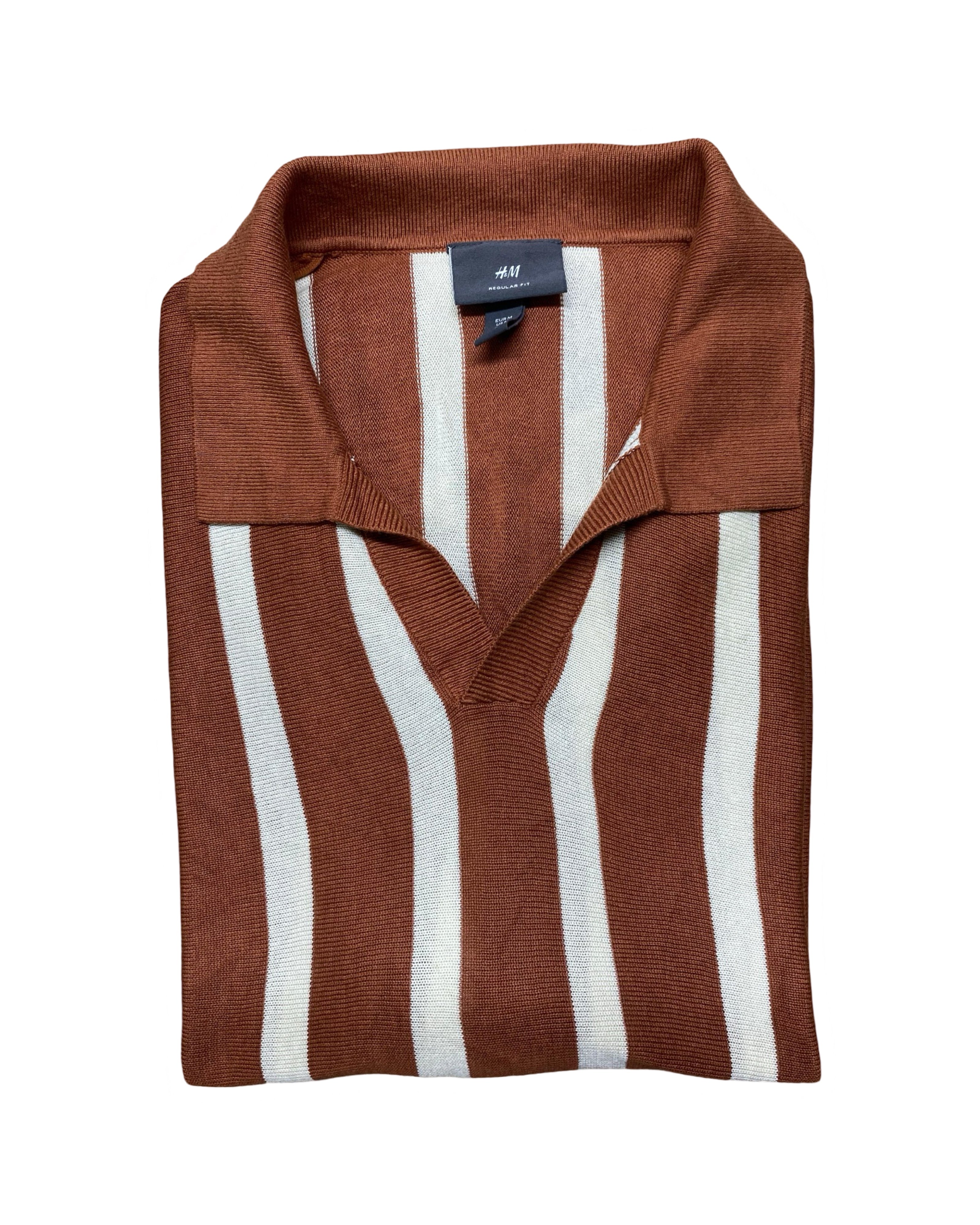 H&M Brown & White Vertical Striped Knitted Polo Shirt | Ribbed Hem | Medium | Chest 21”