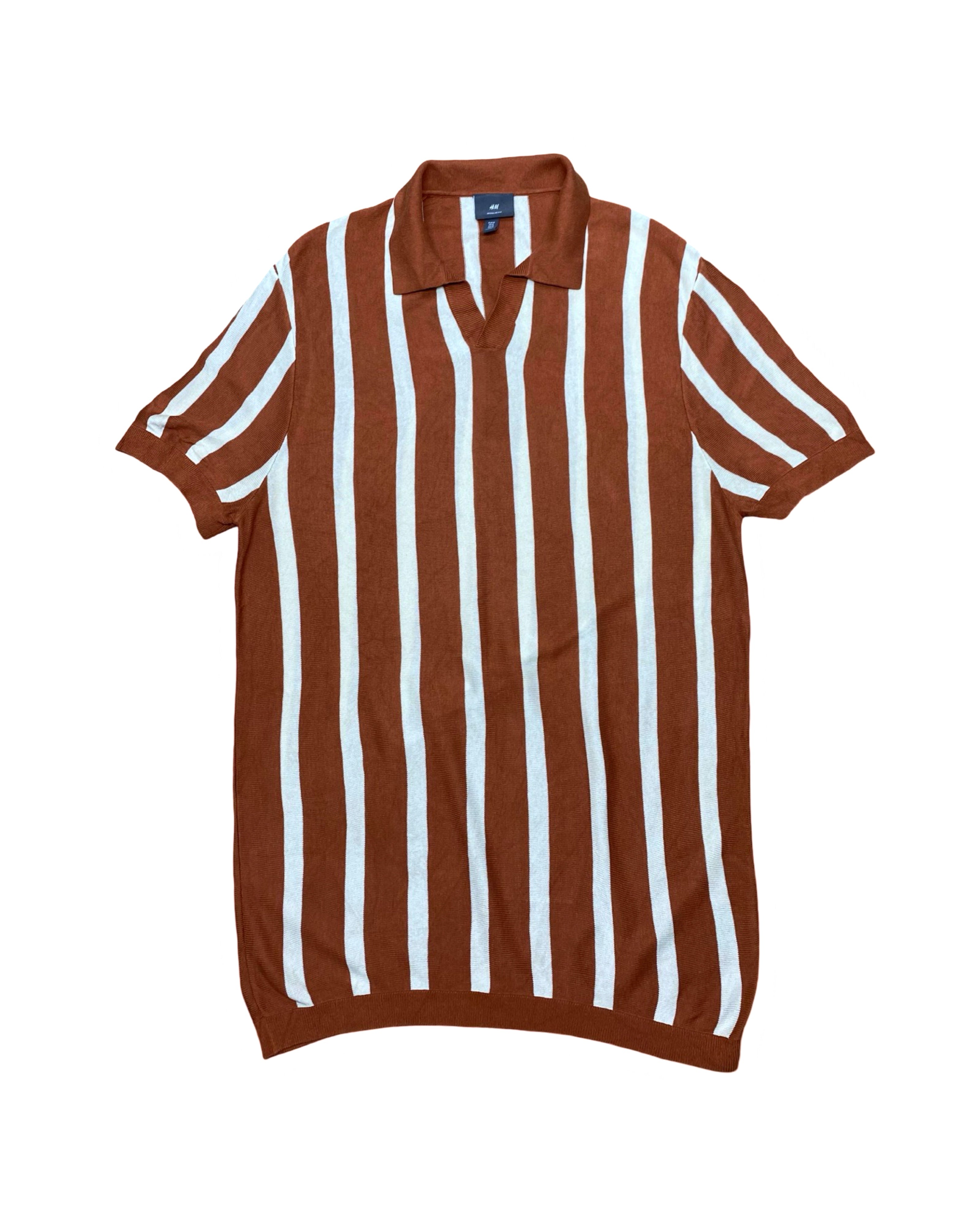 H&M Brown & White Vertical Striped Knitted Polo Shirt | Ribbed Hem | Medium | Chest 21”