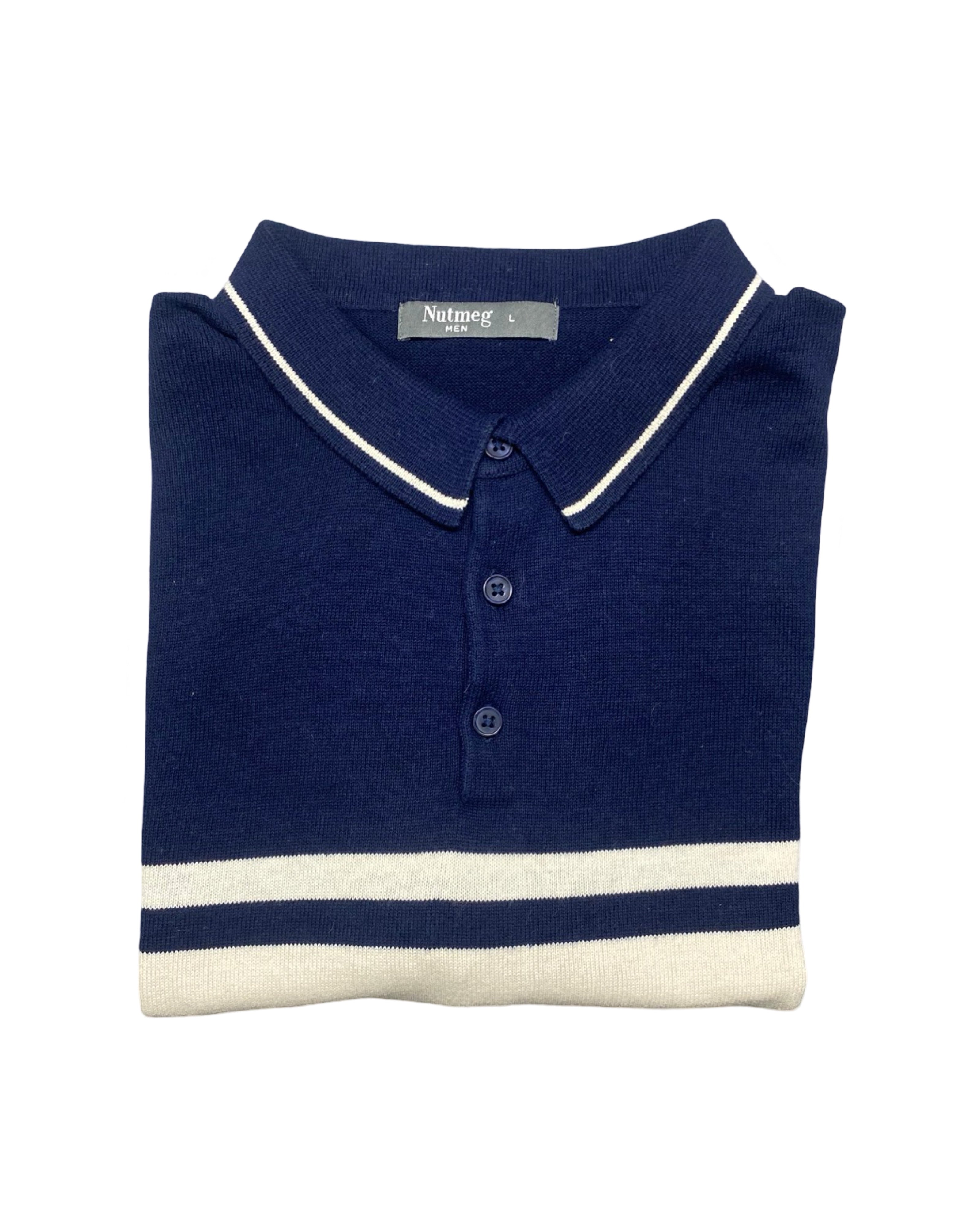 Nutmeg Navy/Gray/White Colorblock Knitted Polo Shirt | Medium | Chest 20.5”