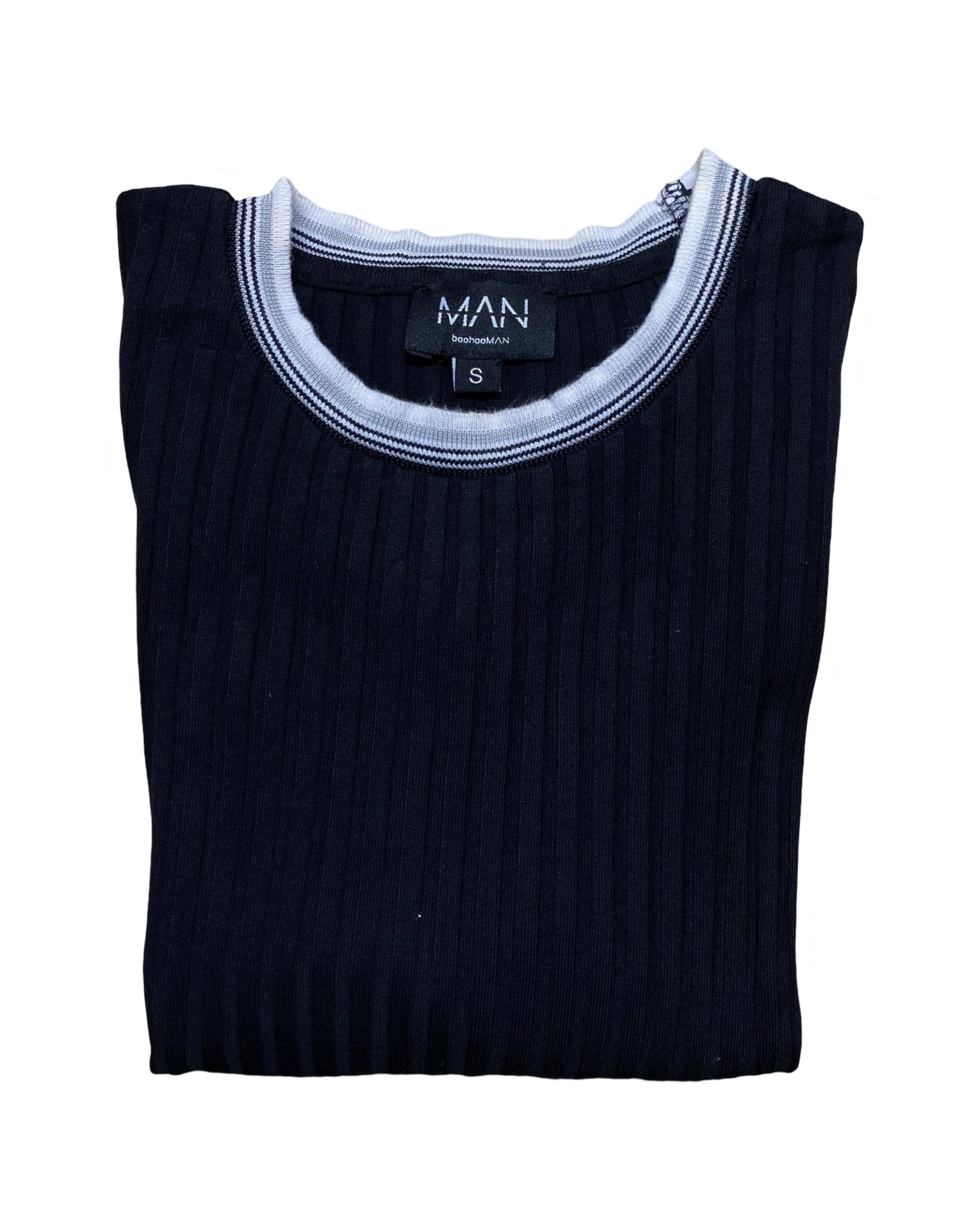 MAN London Black Ribbed Knit T-Shirt | Small | Chest 19”