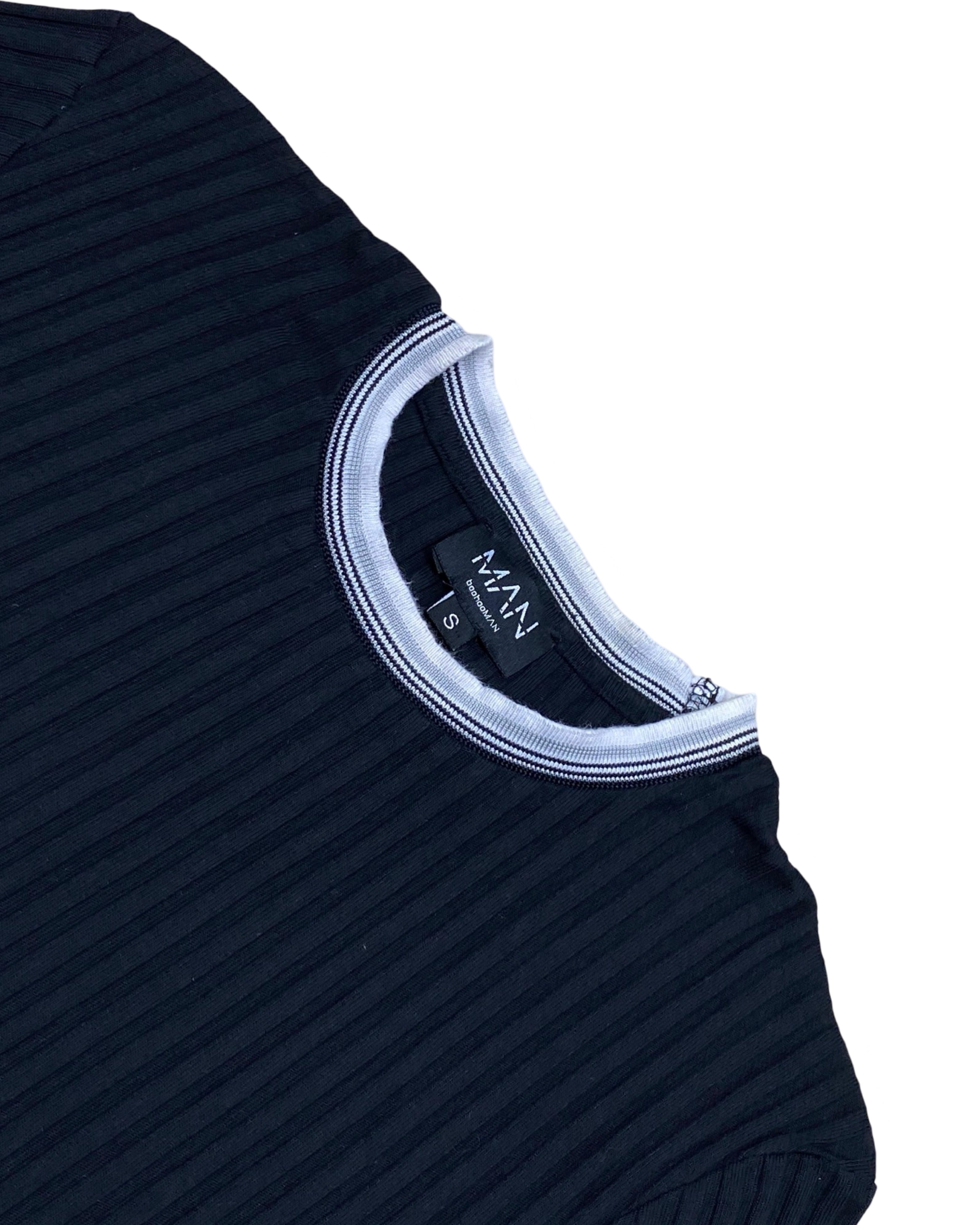 MAN London Black Ribbed Knit T-Shirt | Small | Chest 19”