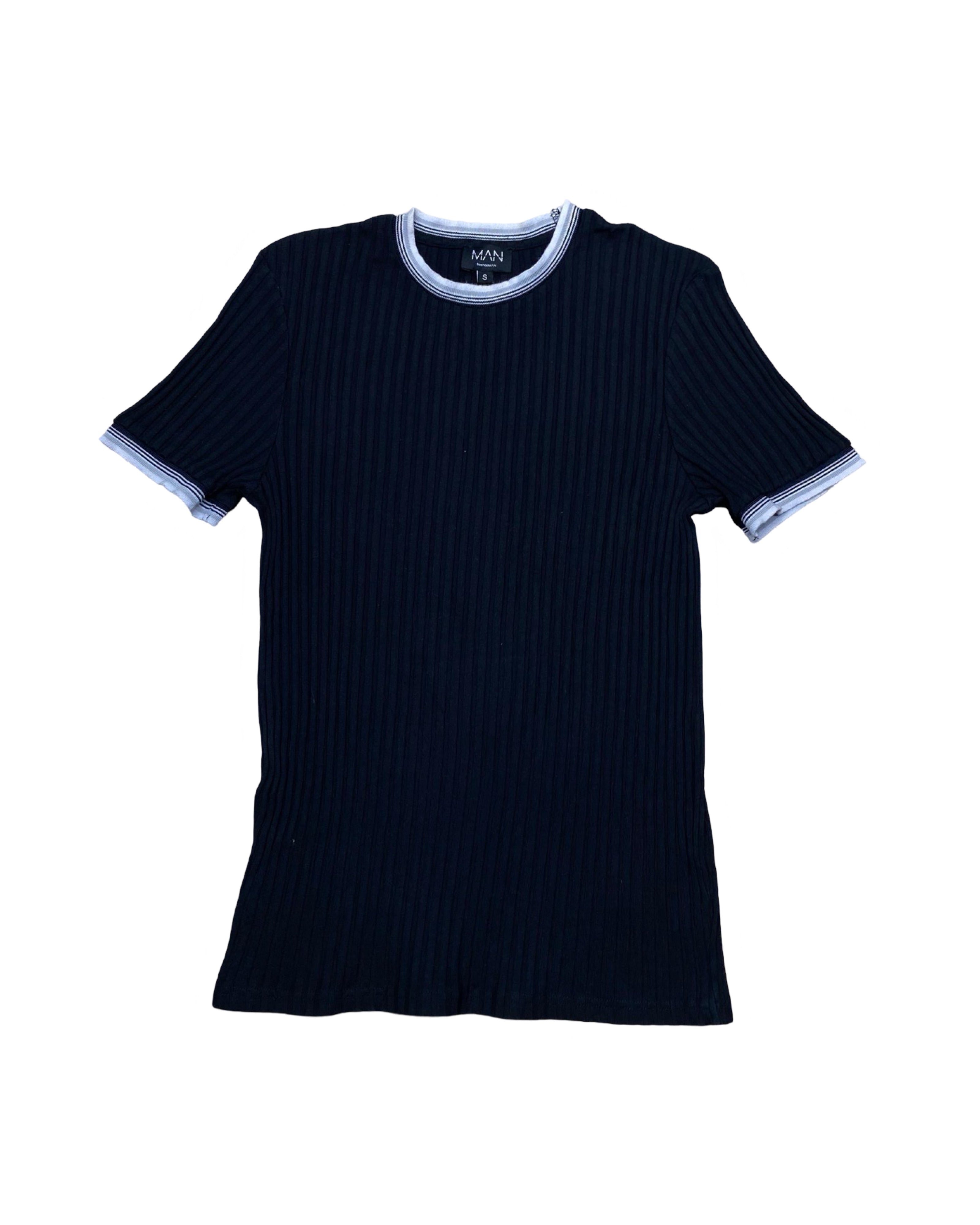 MAN London Black Ribbed Knit T-Shirt | Small | Chest 19”