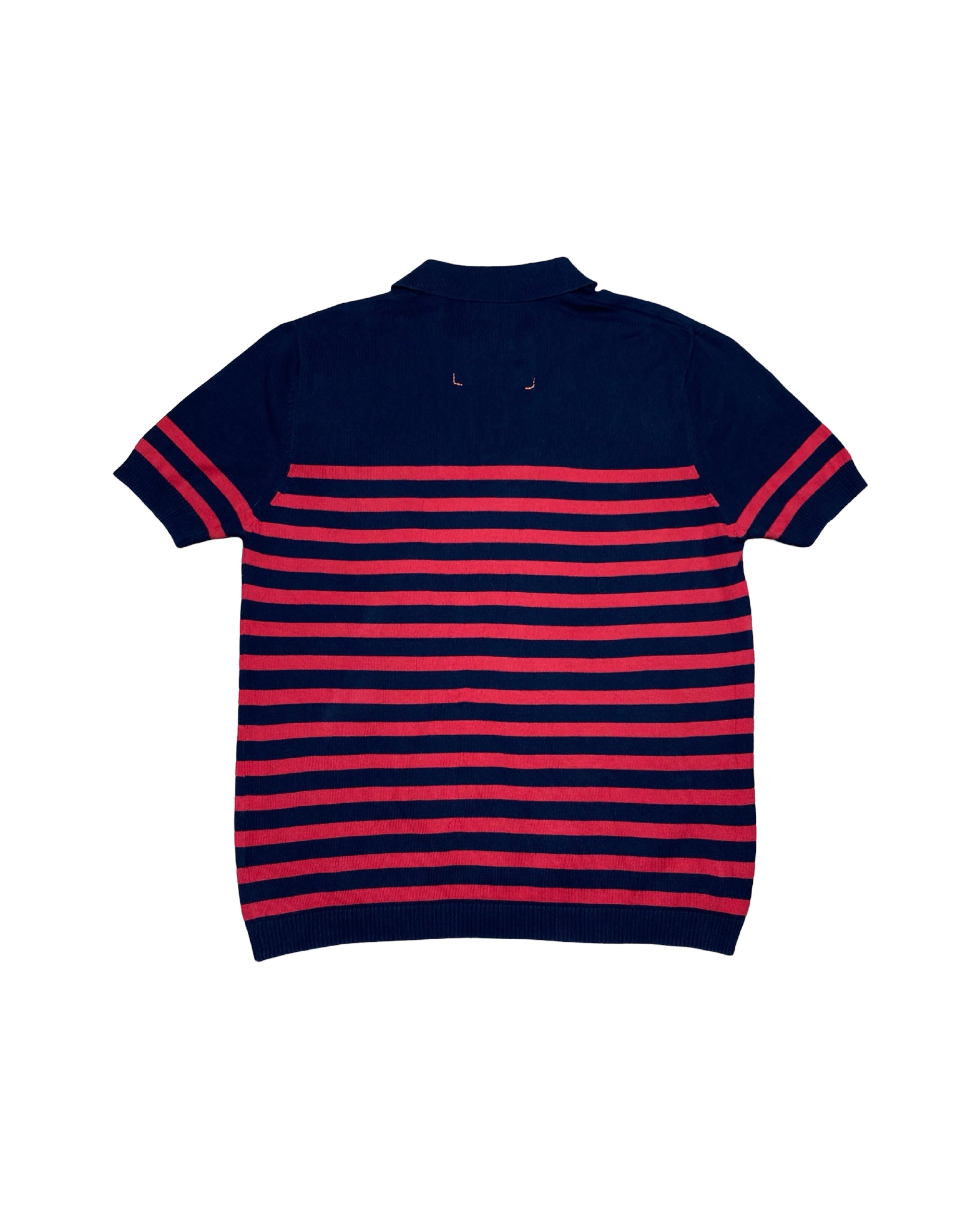 Luke Jean Navy & Red Striped Ribbed Knit Polo Shirt | Large | Chest 22.5”