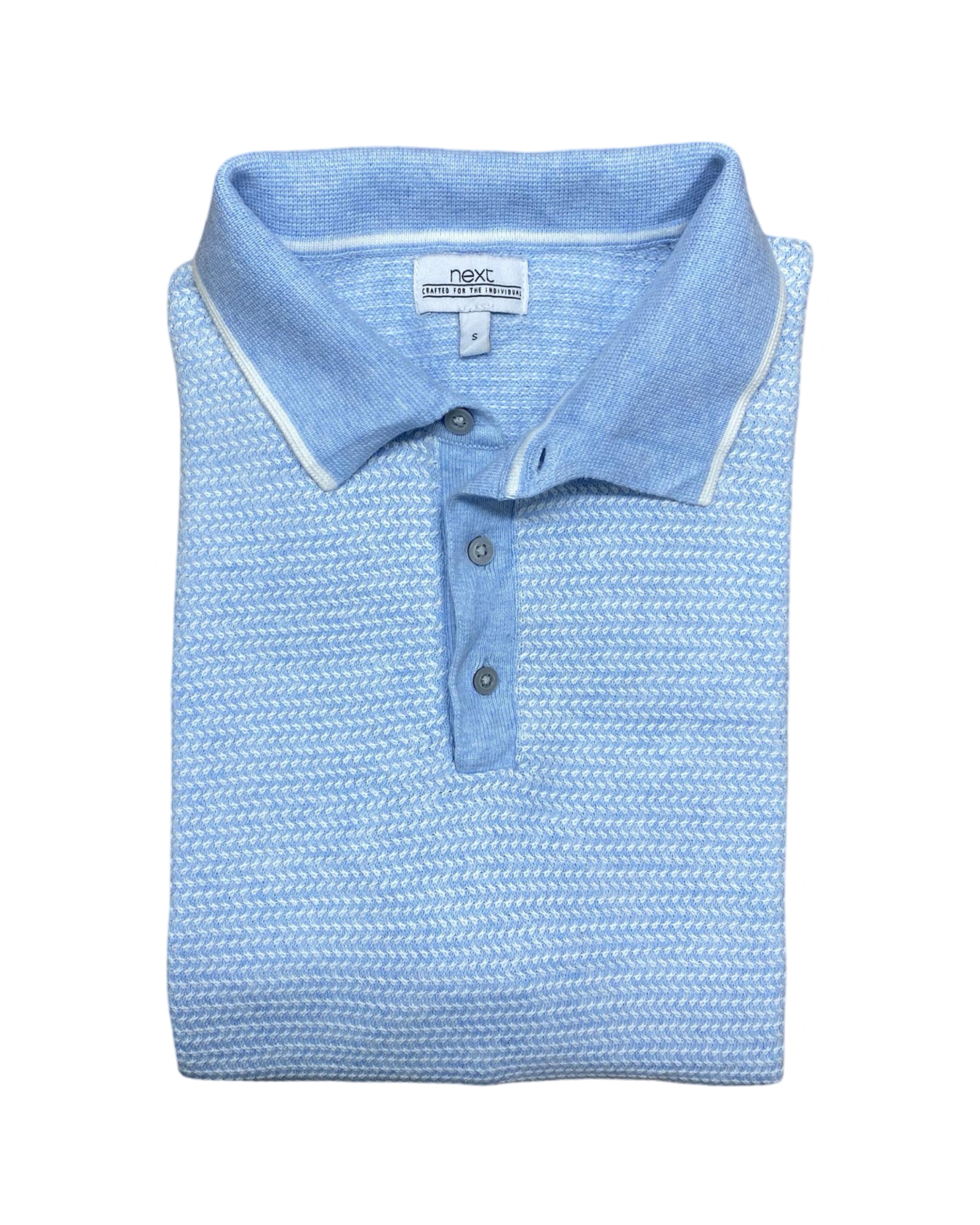 Next Light Blue Textured Knit Polo | Small | Chest 17”