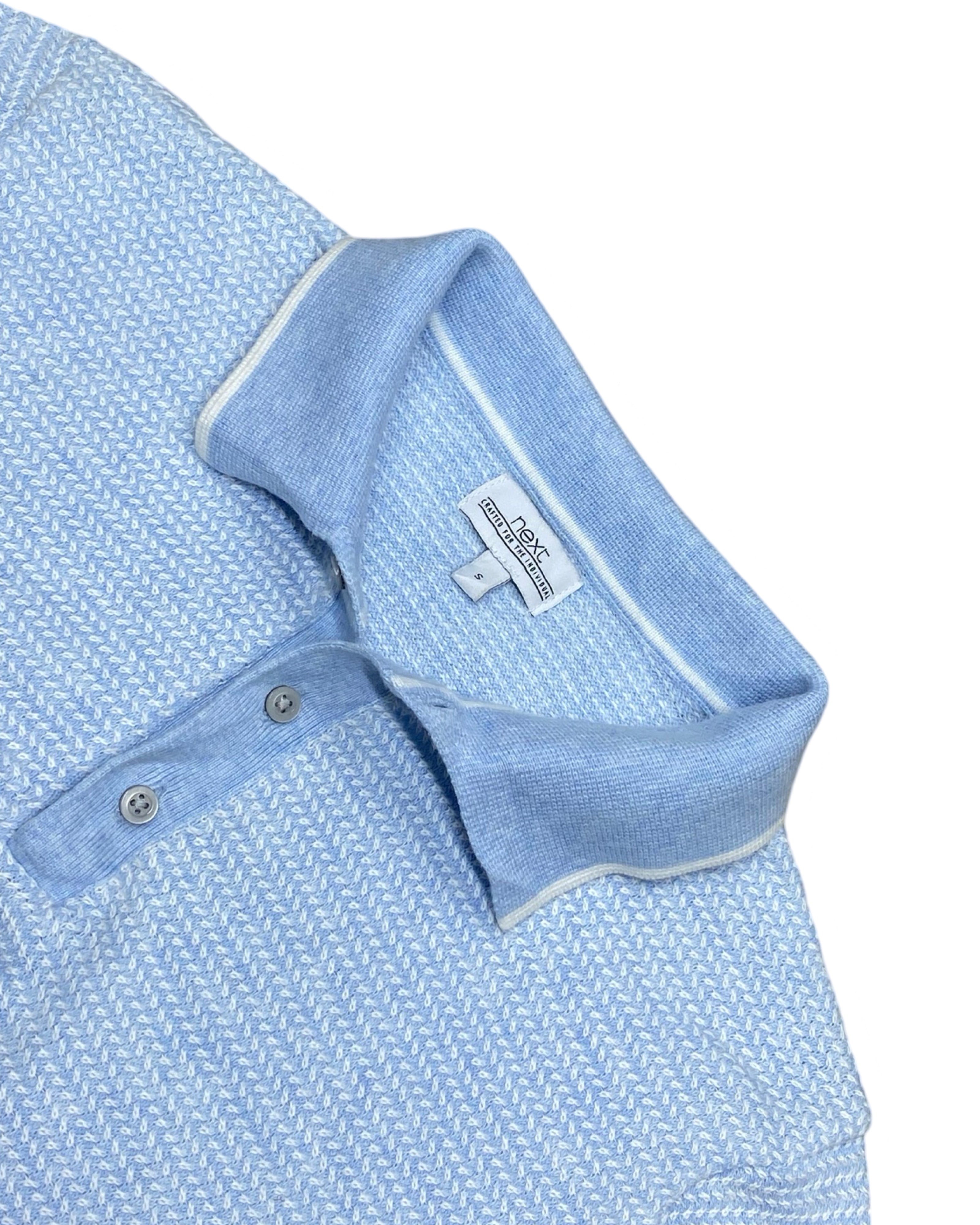 Next Light Blue Textured Knit Polo | Small | Chest 17”