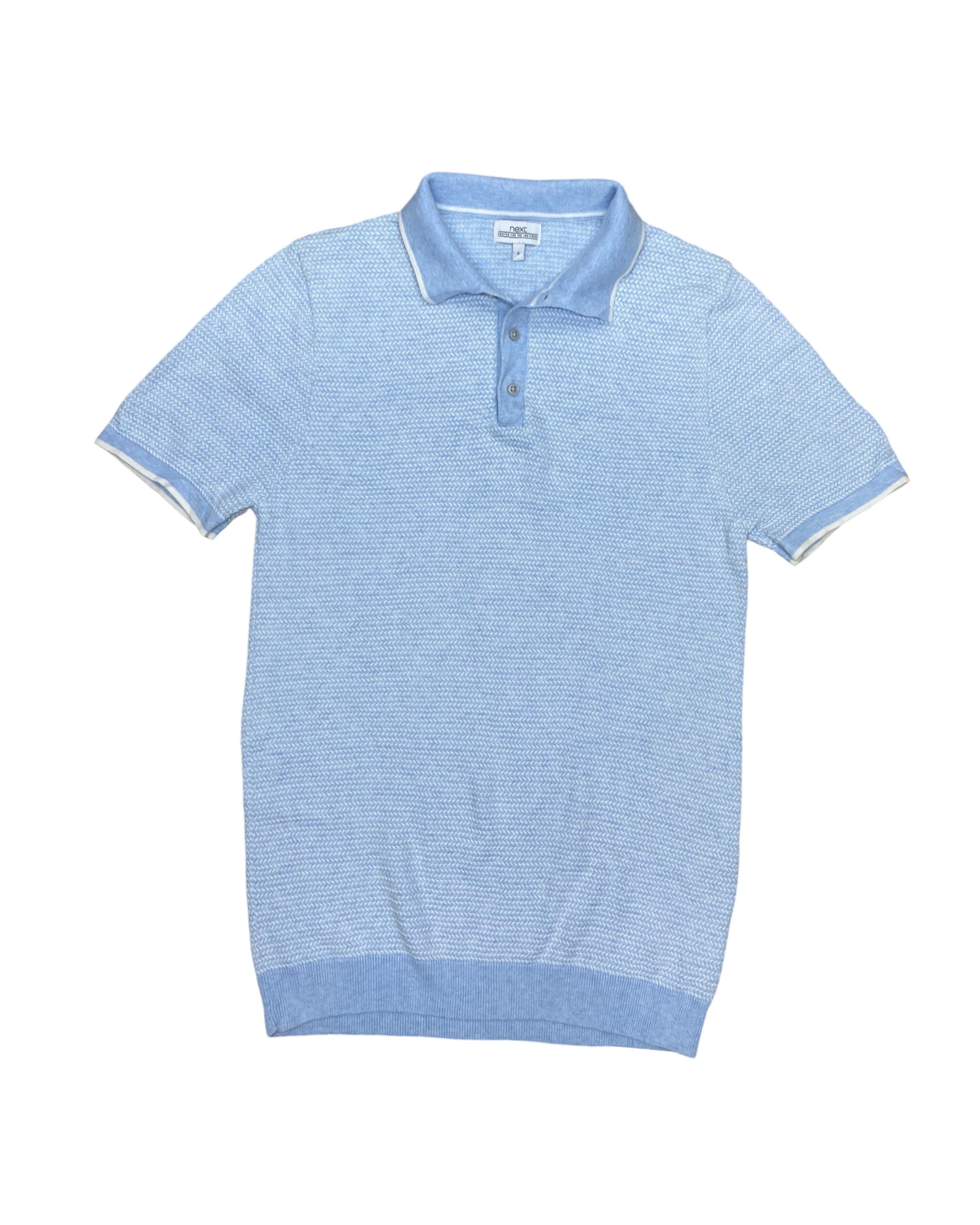 Next Light Blue Textured Knit Polo | Small | Chest 17”
