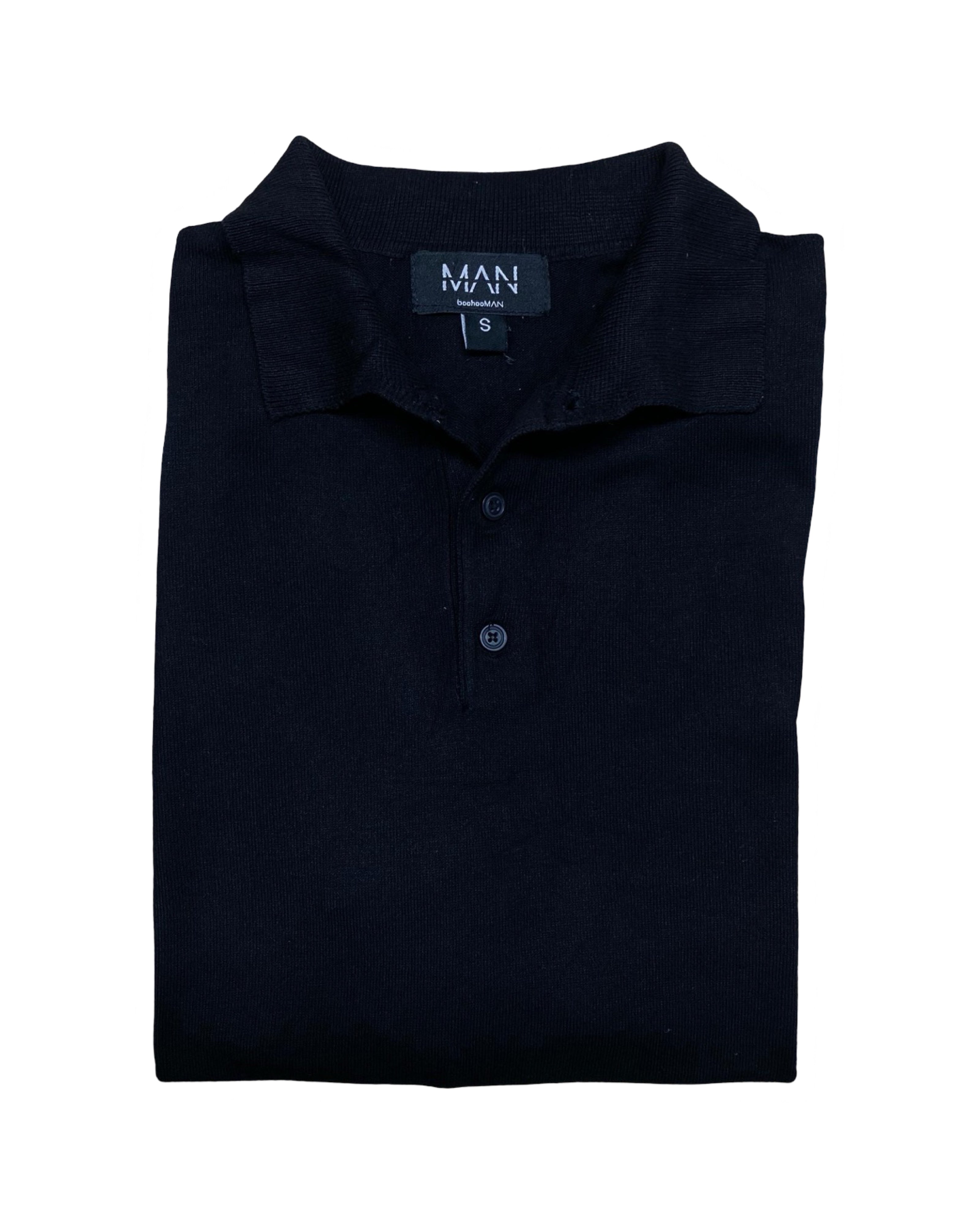 MAN London Black Knitted Polo Shirt with Ribbed Hem | Small | Chest 19”