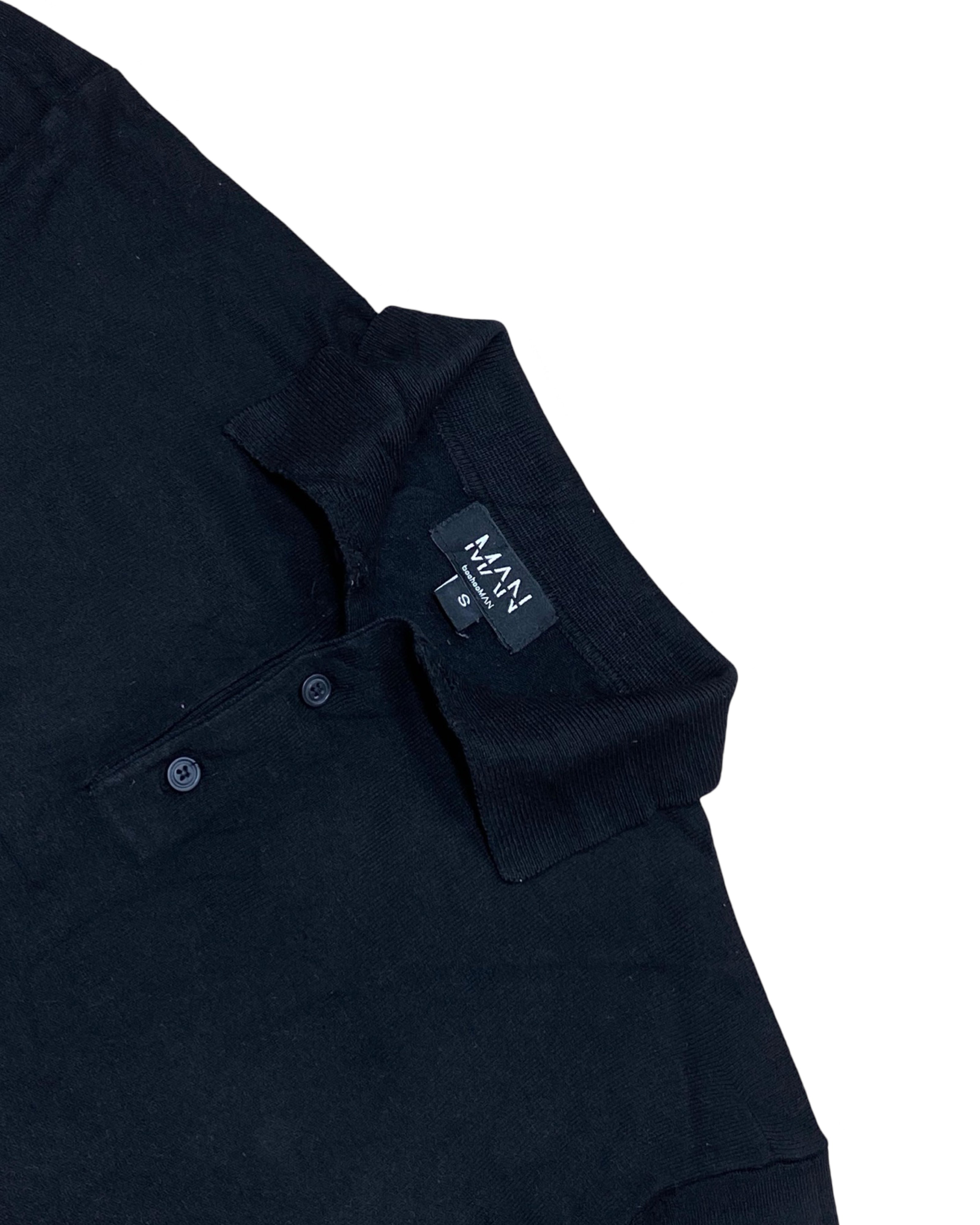 MAN London Black Knitted Polo Shirt with Ribbed Hem | Small | Chest 19”