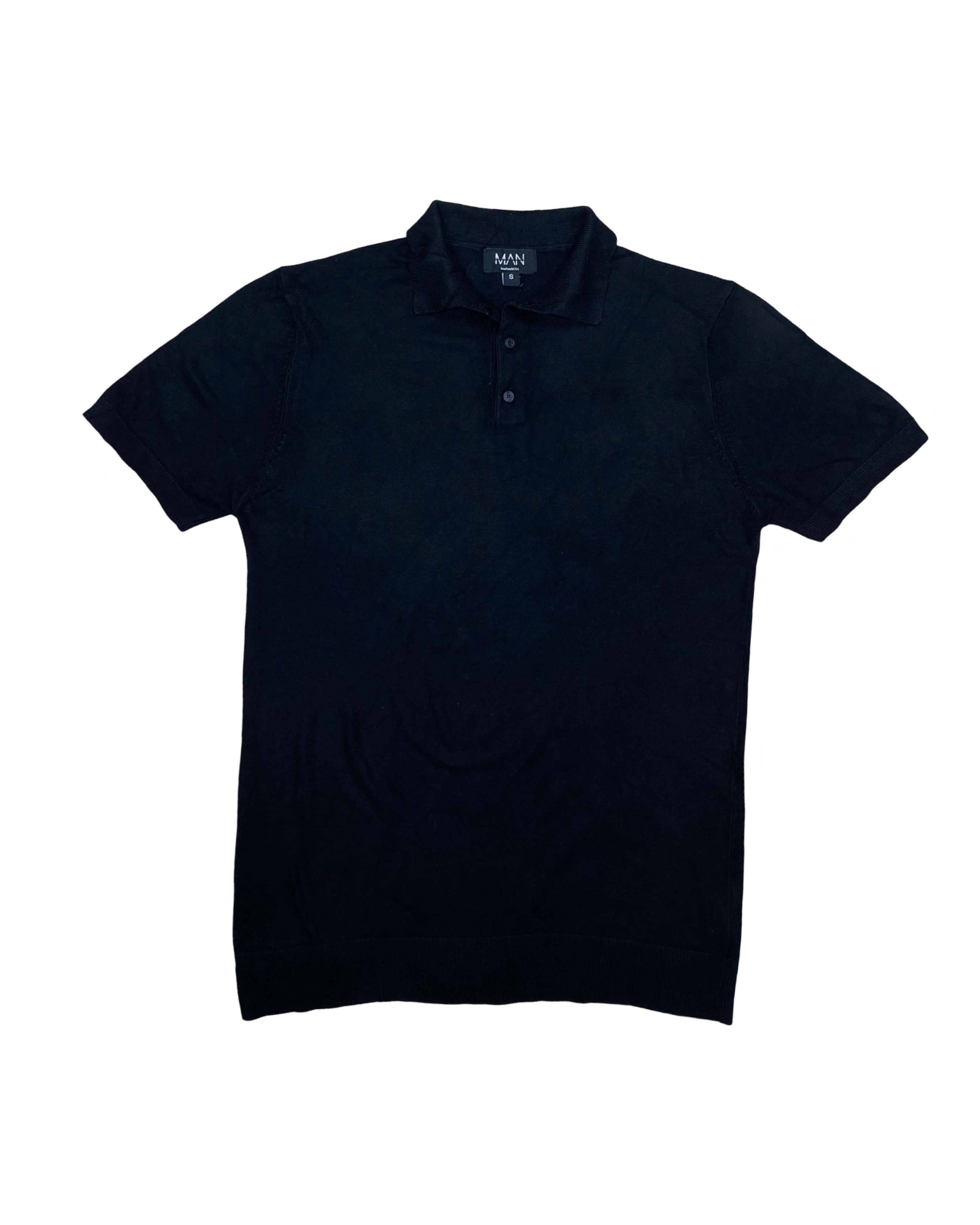 MAN London Black Knitted Polo Shirt with Ribbed Hem | Small | Chest 19”