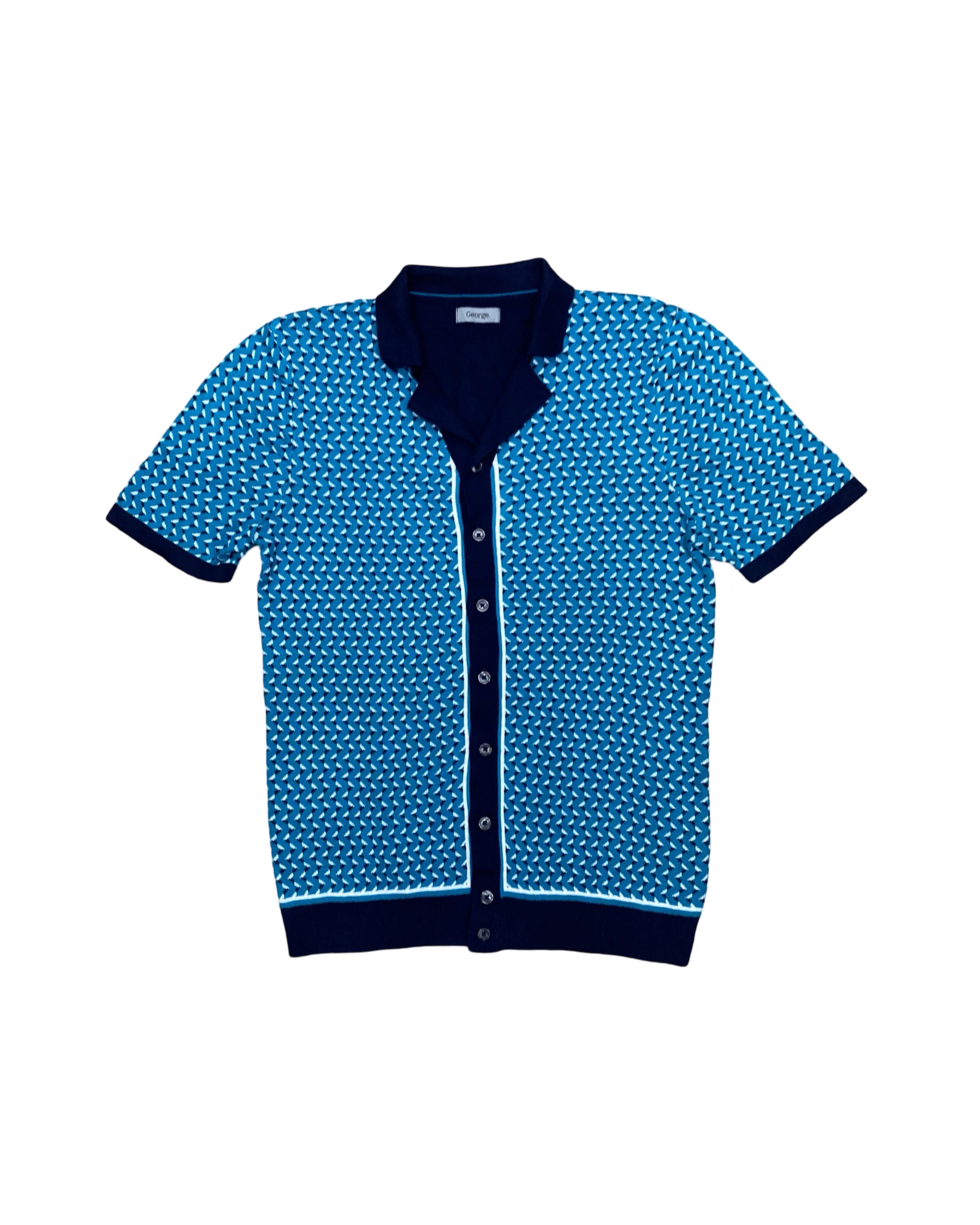George Blue Zigzag Knit Button-Up Polo | Small | Chest 19.5”