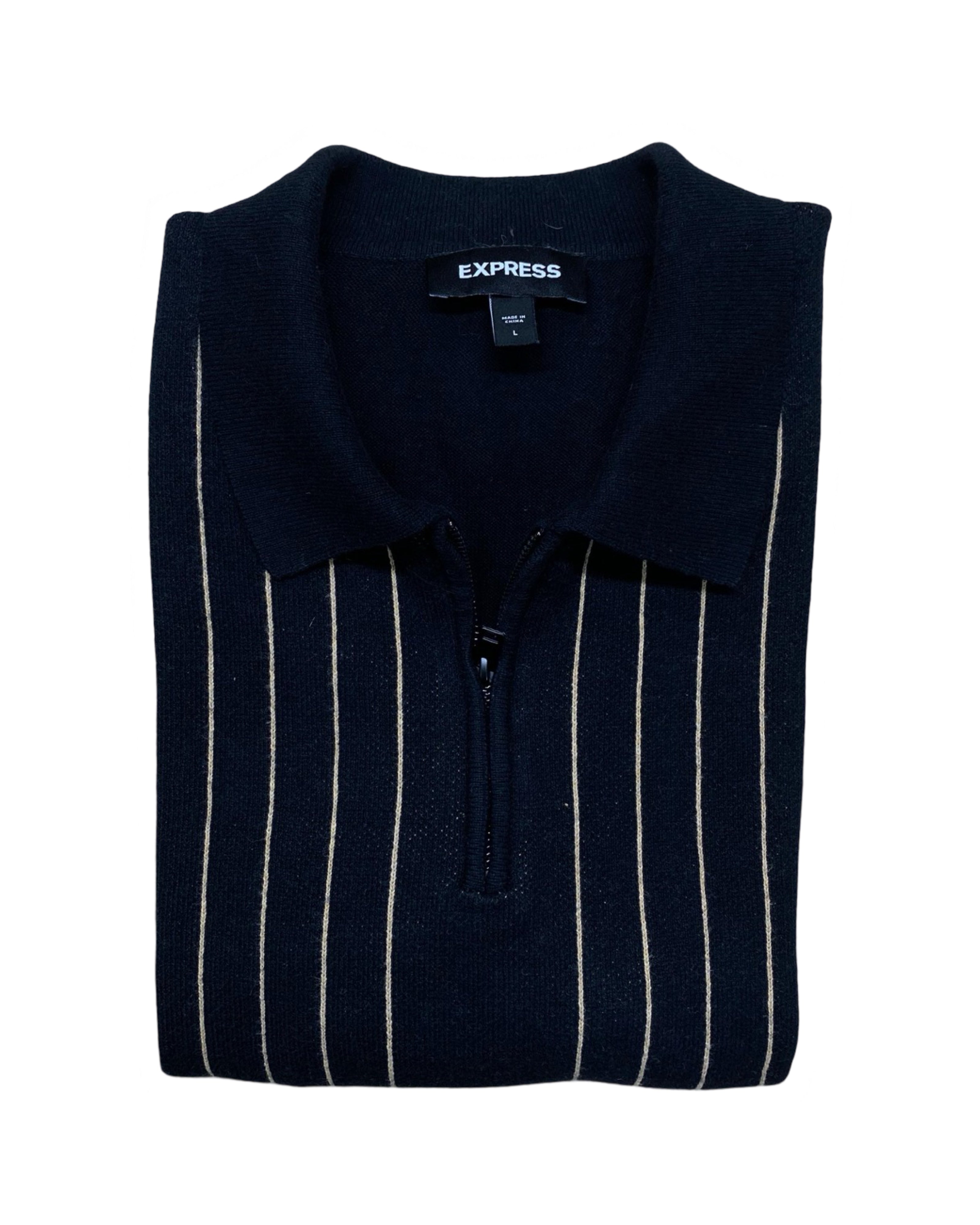 Express Navy Geometric Ribbed Knit Polo Shirt | Large | Chest 23”