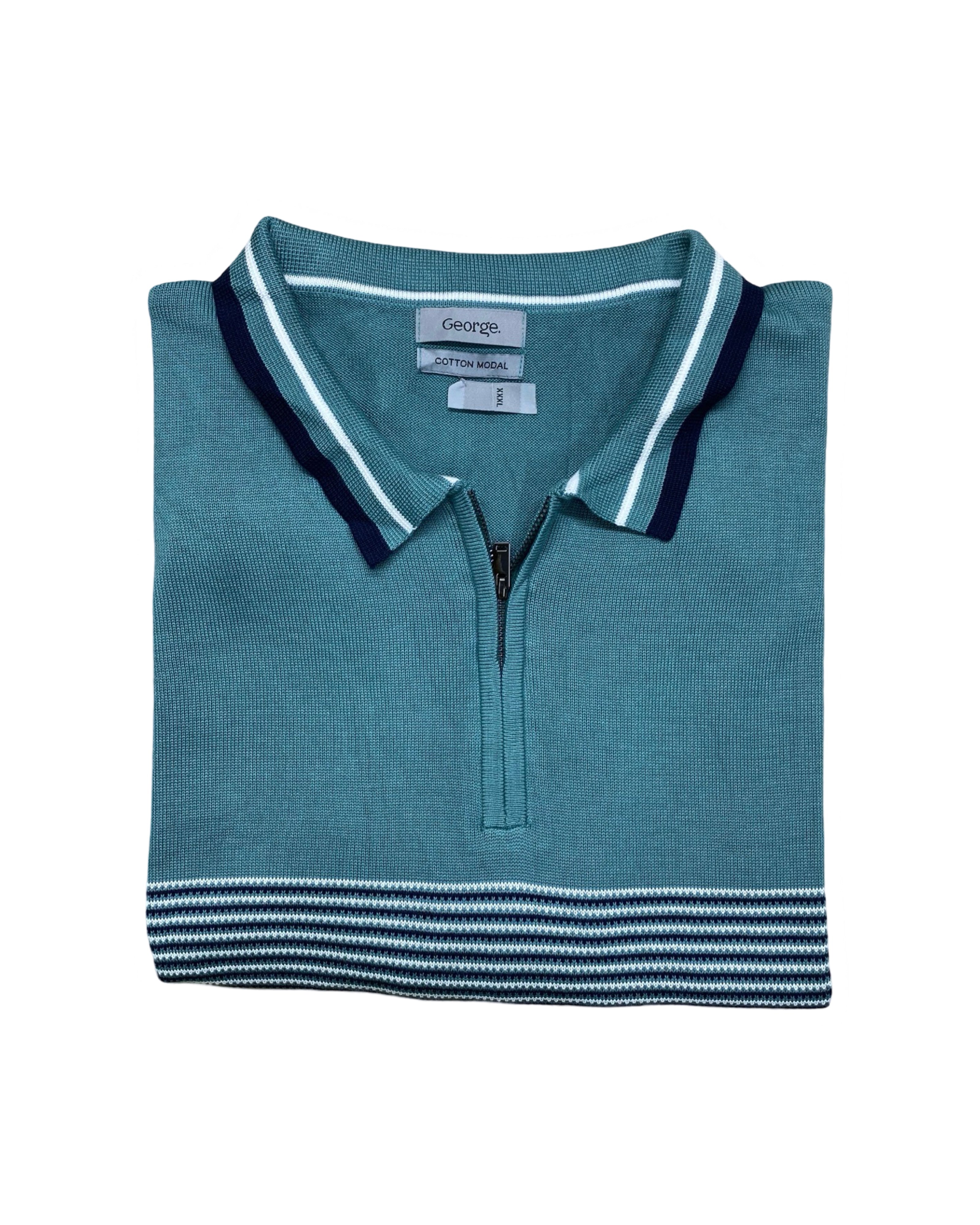 George Teal Striped Knitted Zip Polo Shirt | 3XL | Chest 26”