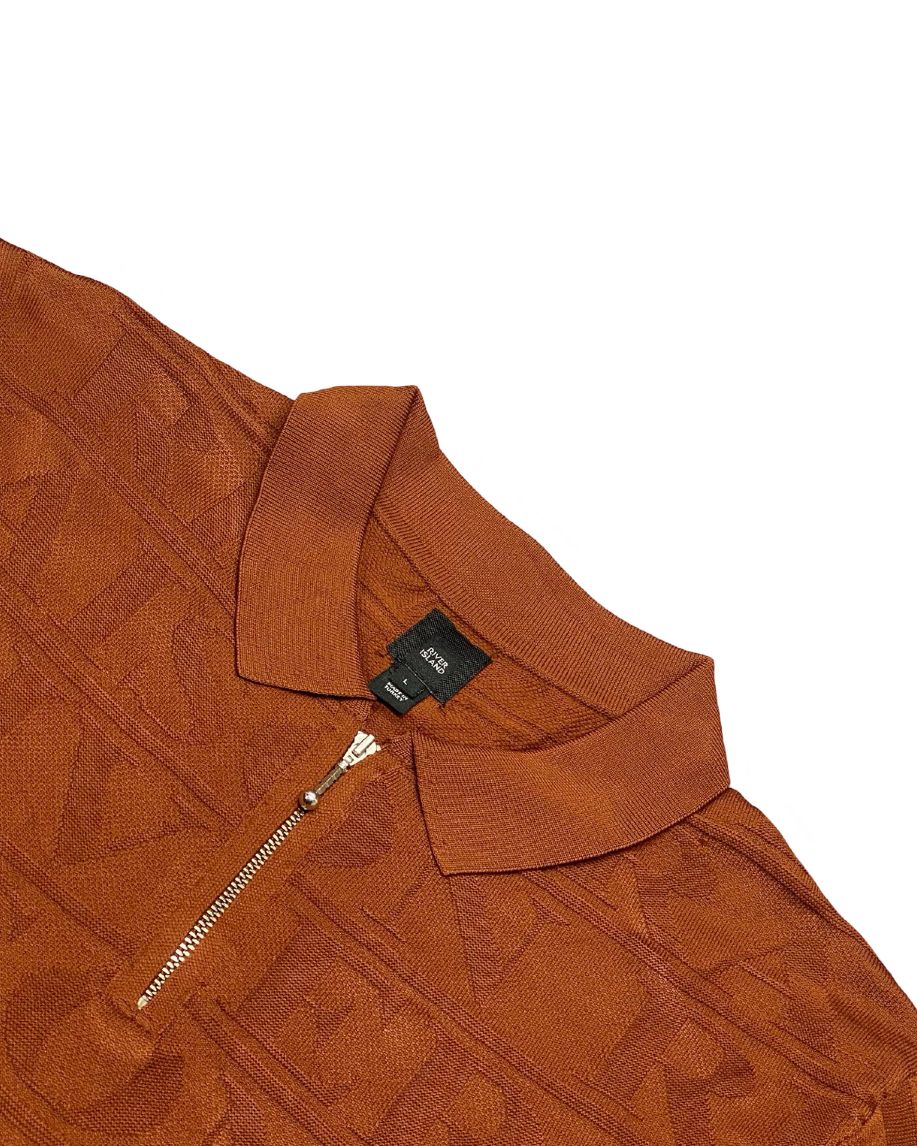 River Island Rust Jacquard Logo Knit Polo Shirt | Medium | Chest 20”