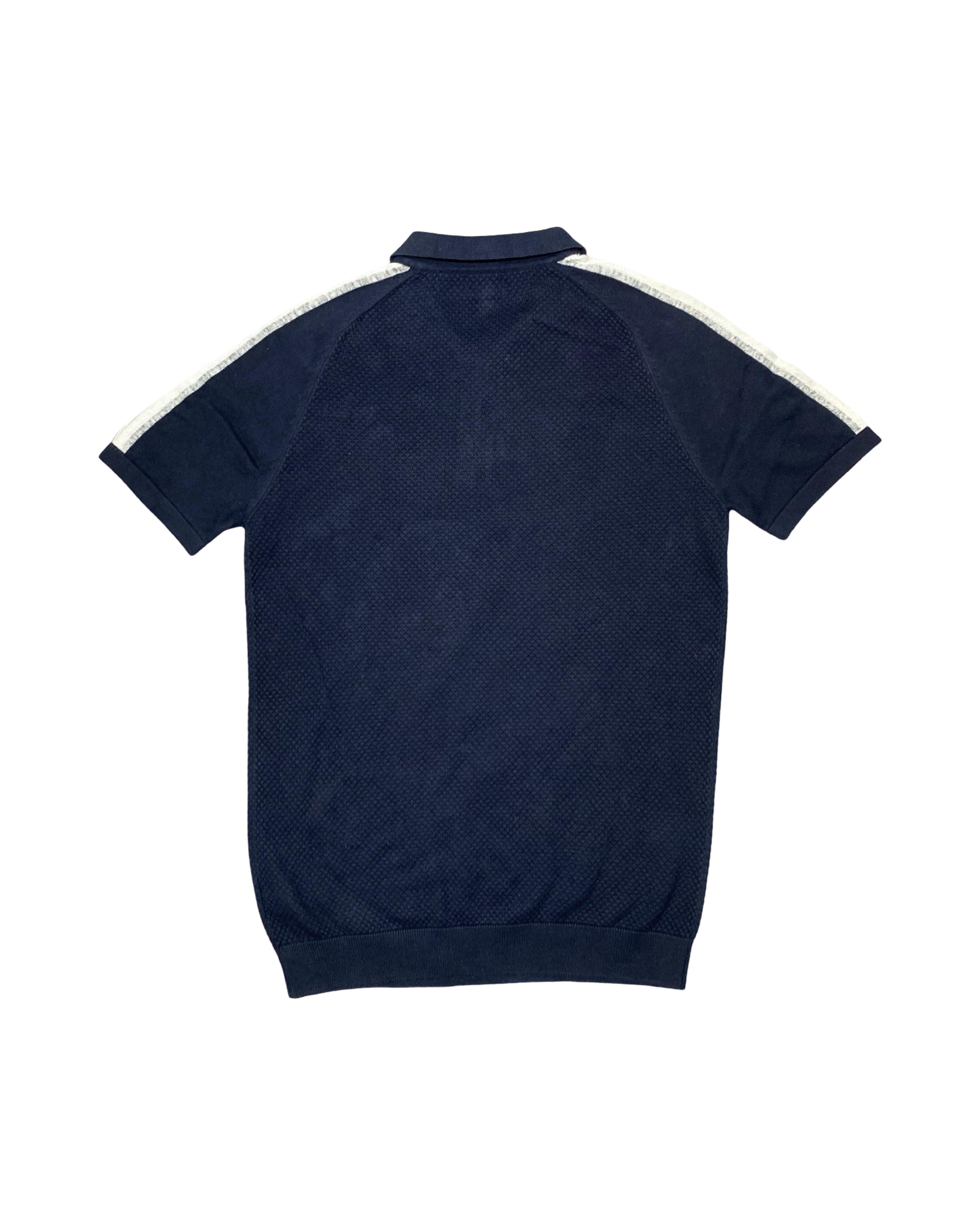 NEXT Navy Blue Knitted Zip Polo Shirt with Red & White Shoulder Stripes | Small | Chest 19”