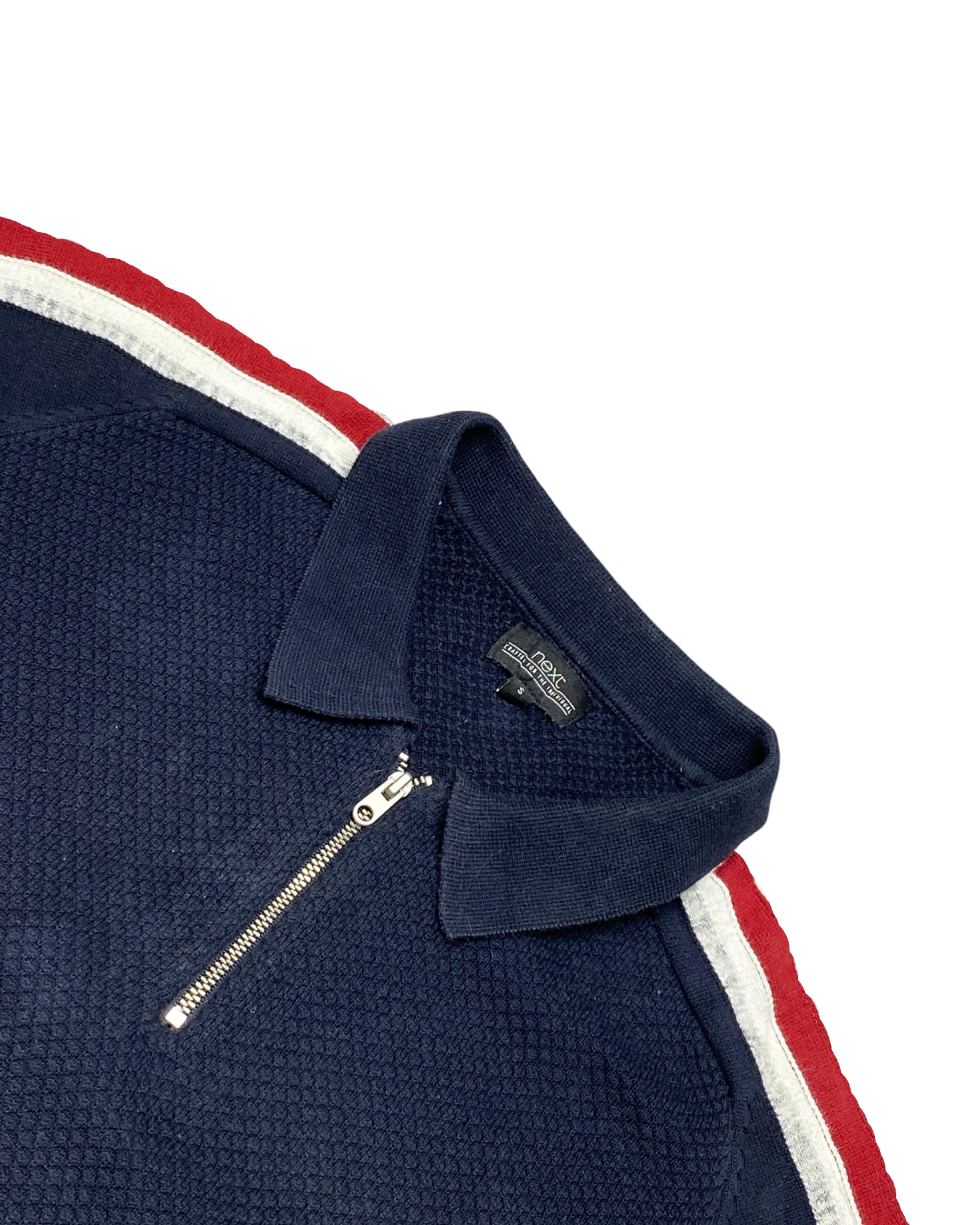 NEXT Navy Blue Knitted Zip Polo Shirt with Red & White Shoulder Stripes | Small | Chest 19”