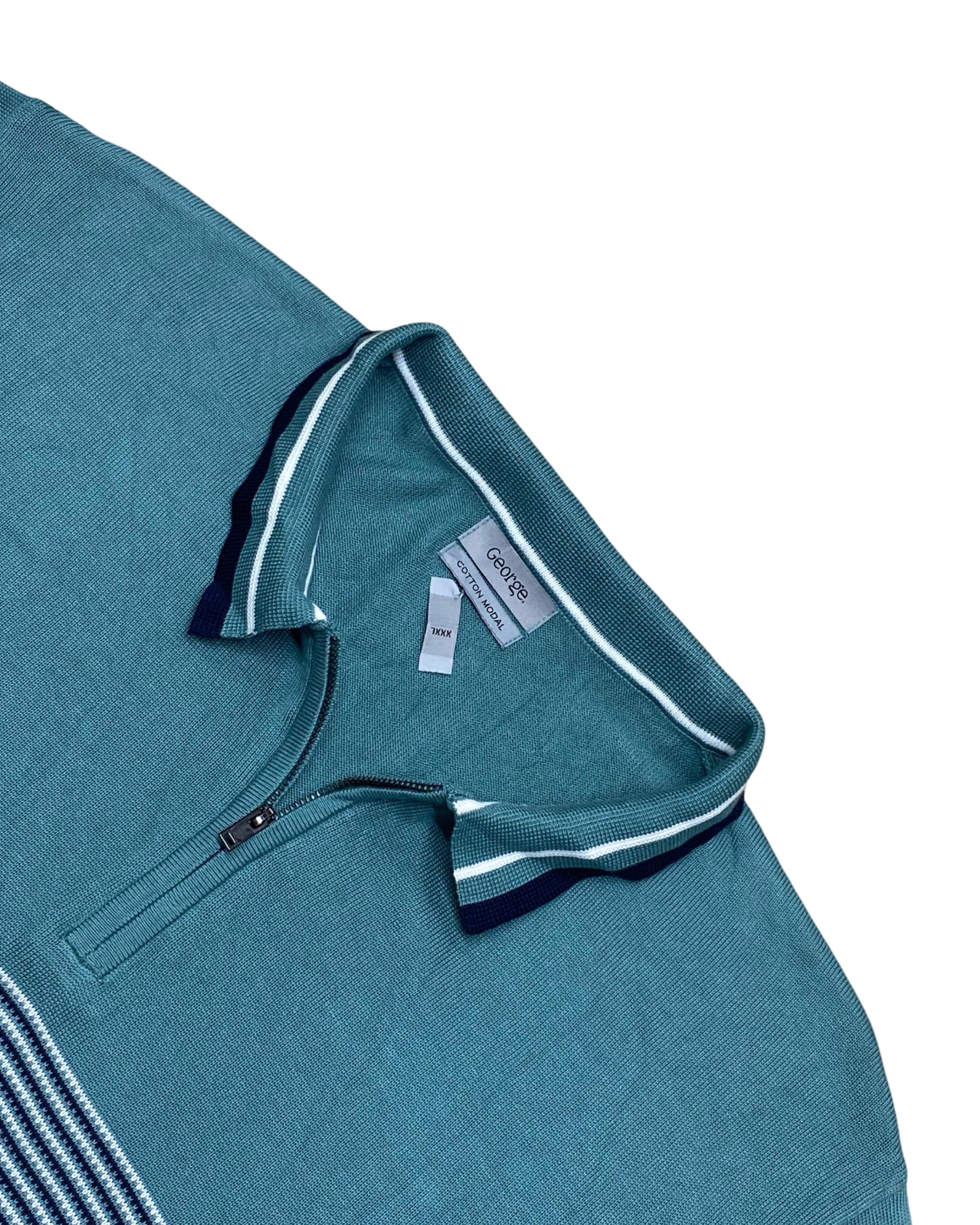 George Teal Striped Knitted Zip Polo Shirt | 3XL | Chest 26”