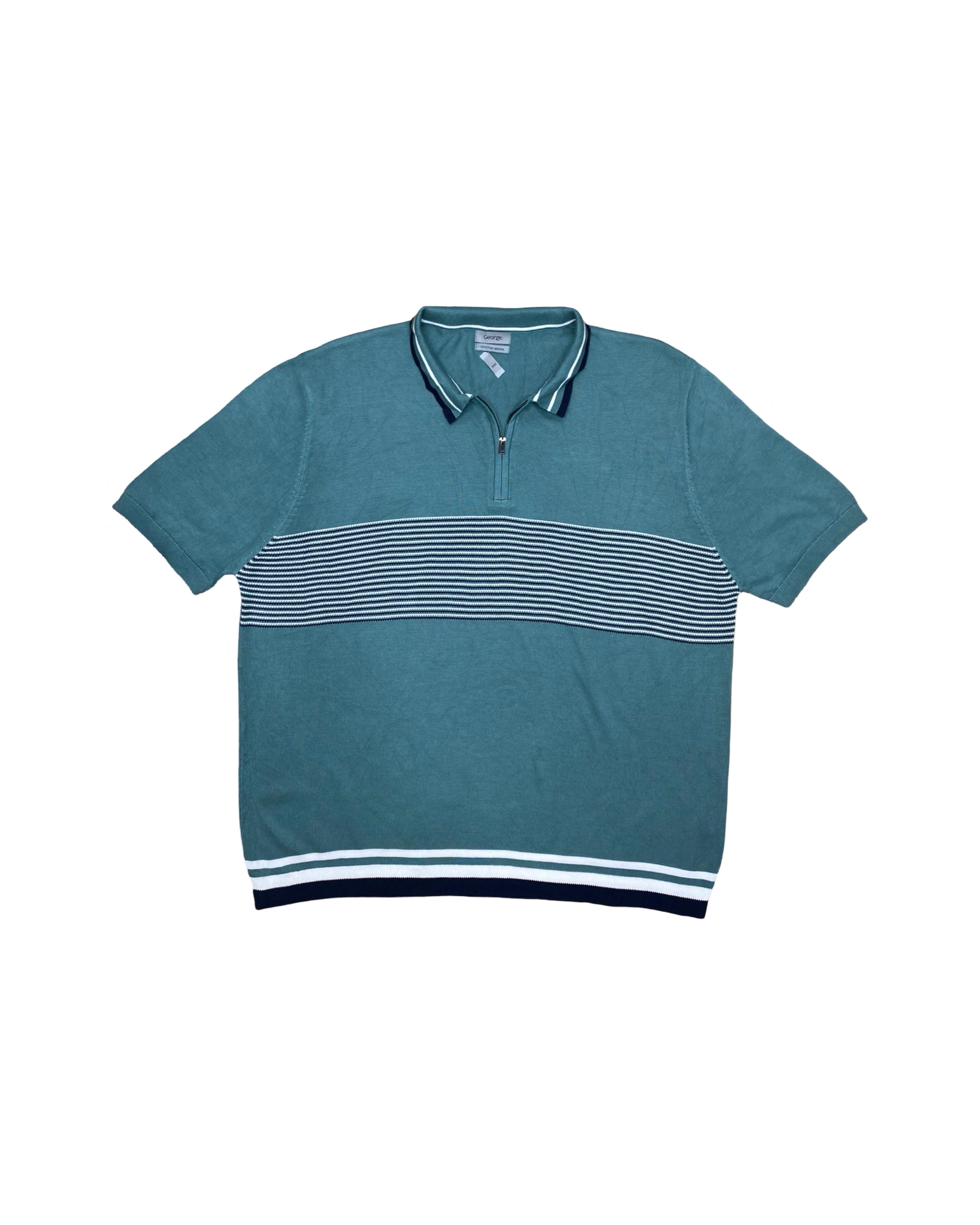 George Teal Striped Knitted Zip Polo Shirt | 3XL | Chest 26”