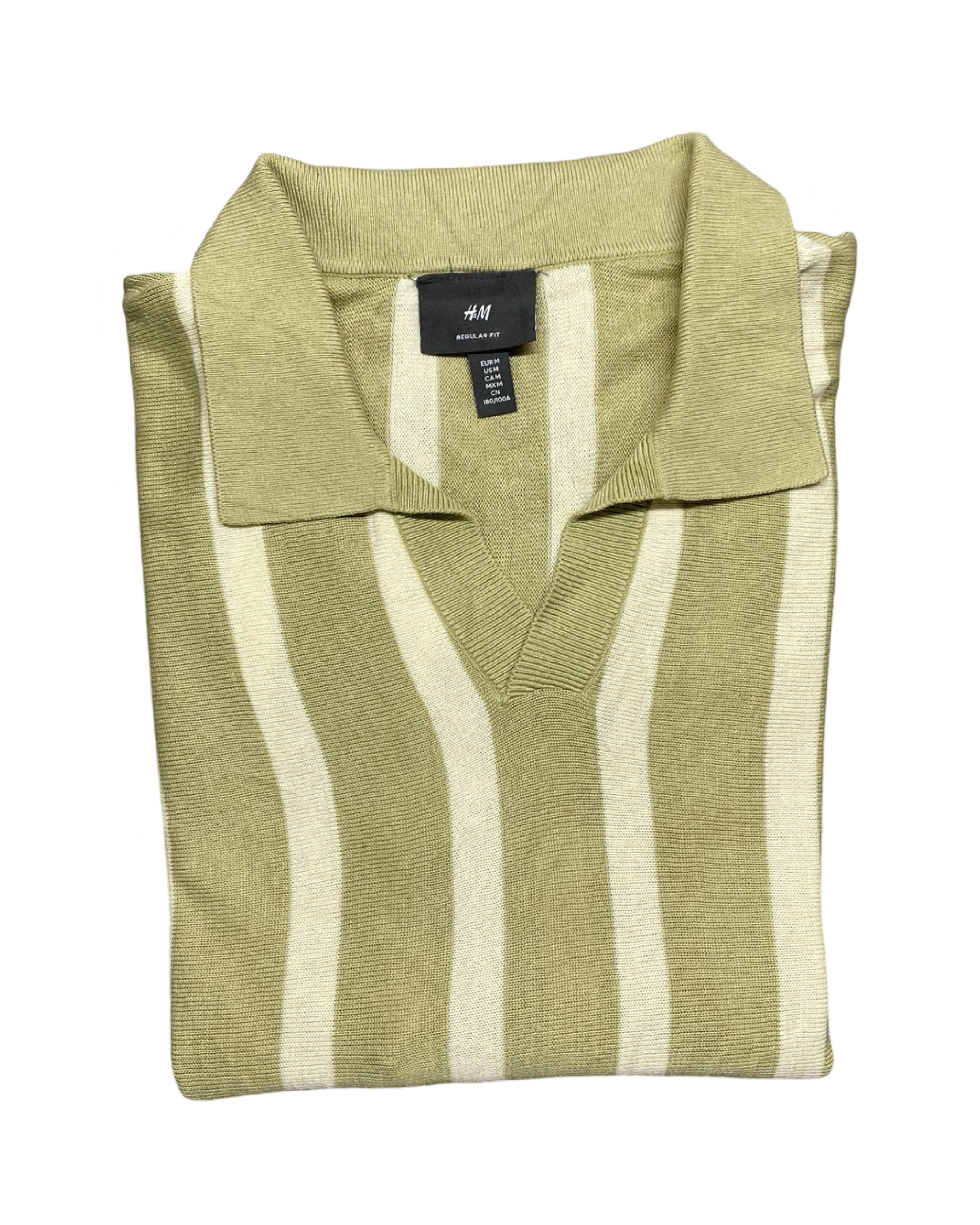 H&M Olive Green & Cream Vertical Stripe Knitted Polo Shirt with Ribbed Hem | Medium | Chest 21”