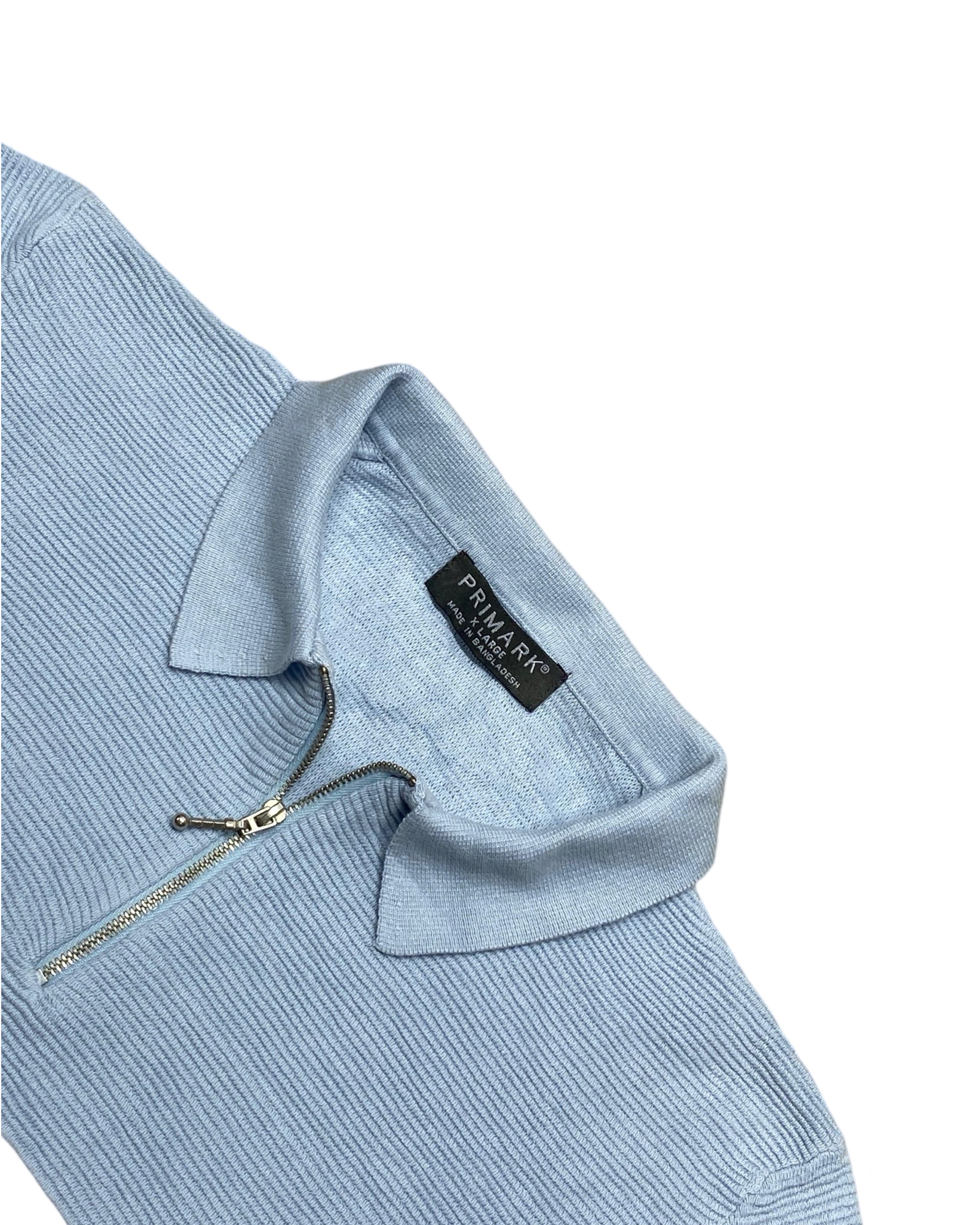 Primark Light Blue & White Knitted Zip Polo Shirt | XL | Chest 23.5”