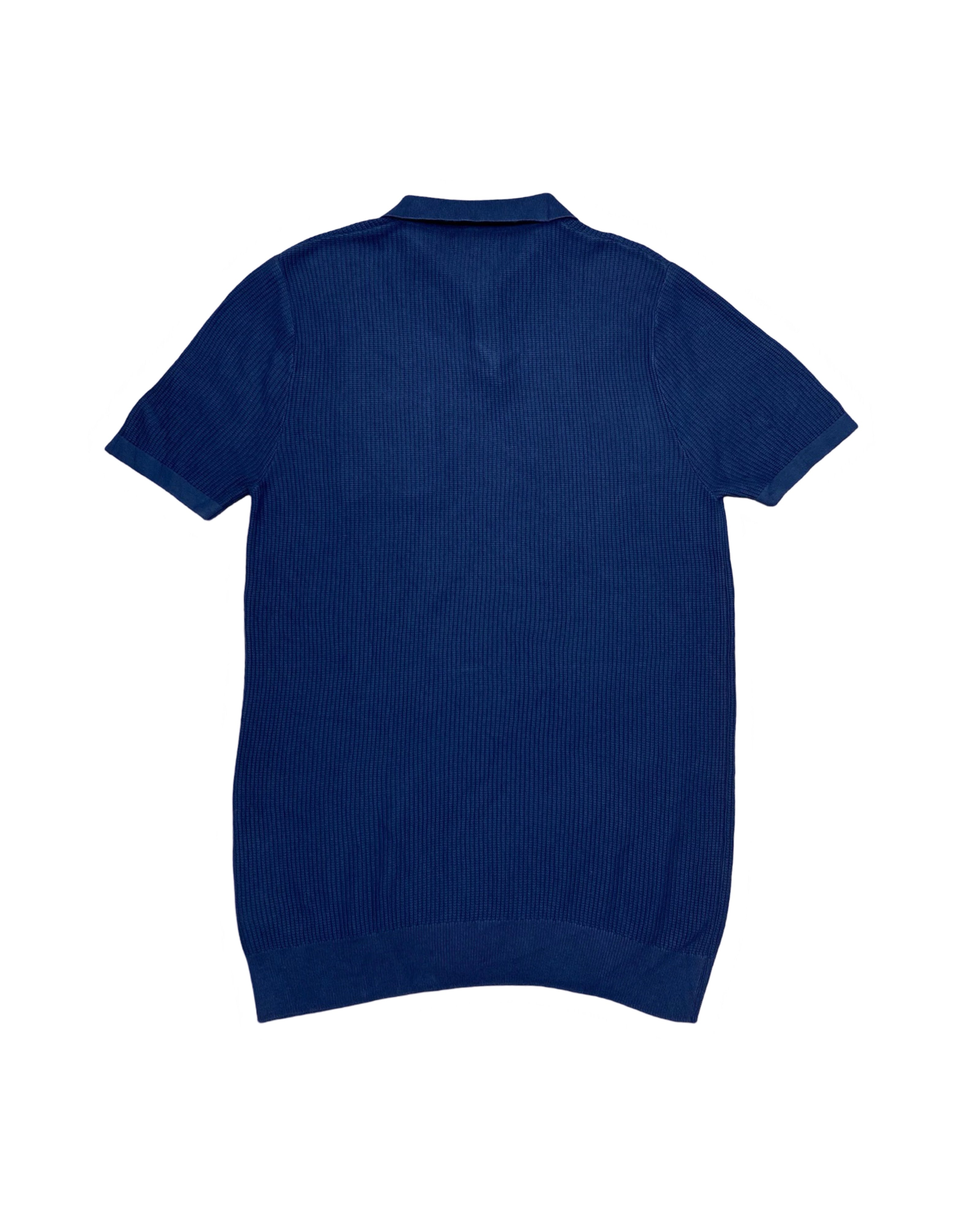 NEXT Navy Ribbed Knit Polo Shirt with Pocket & Ribbed Hem | Medium | Chest 19”
