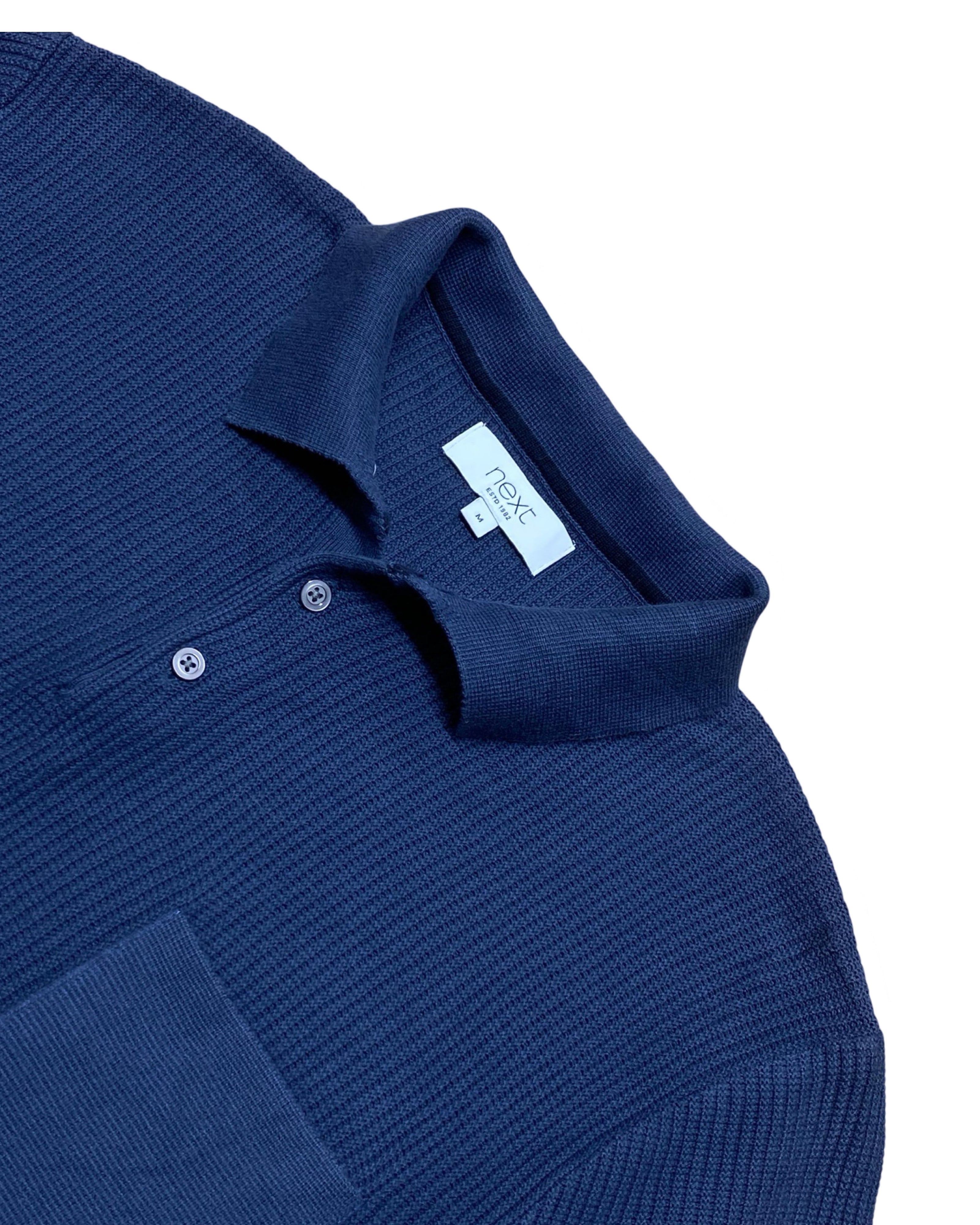 NEXT Navy Ribbed Knit Polo Shirt with Pocket & Ribbed Hem | Medium | Chest 19”