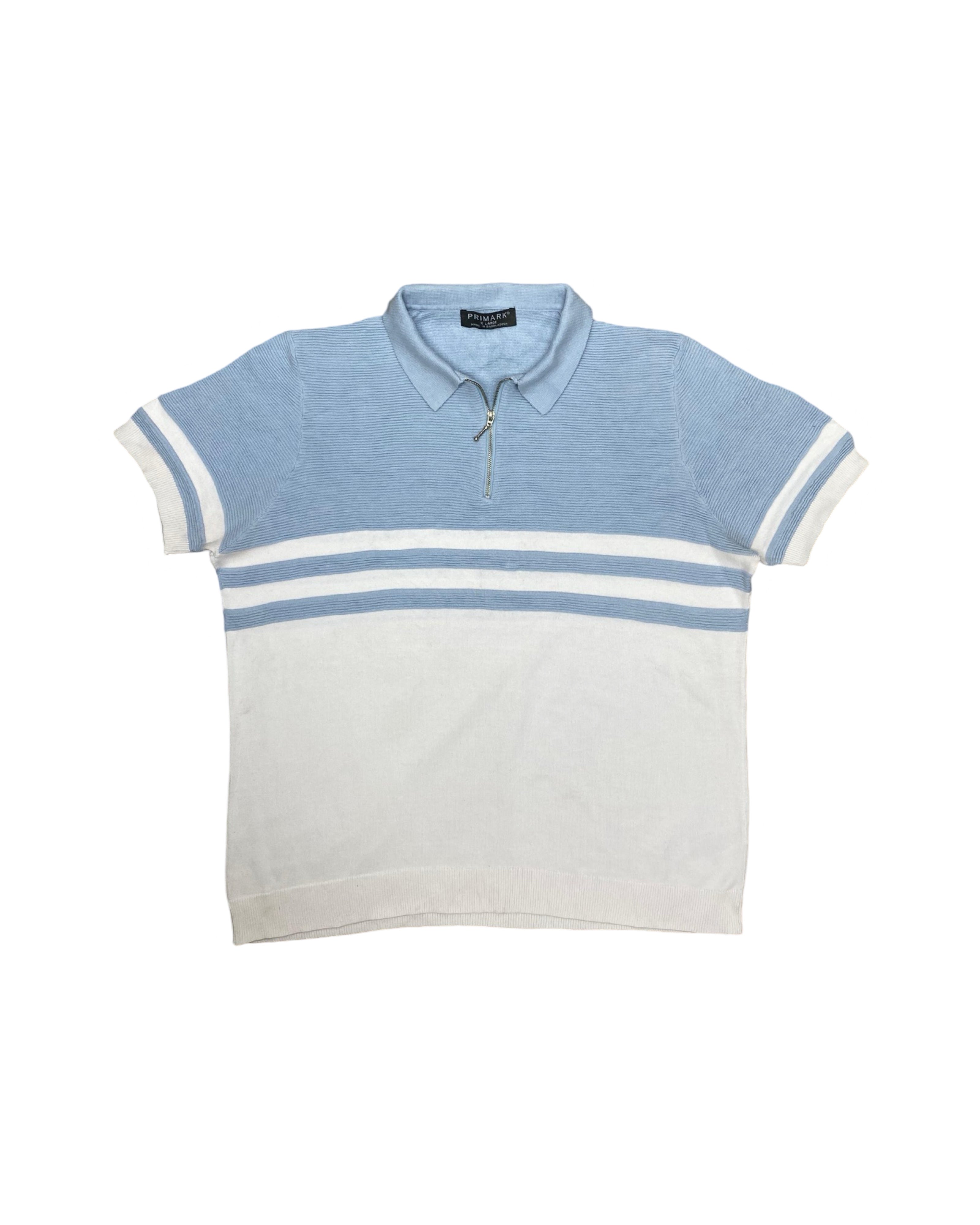 Primark Light Blue & White Knitted Zip Polo Shirt | XL | Chest 23.5”