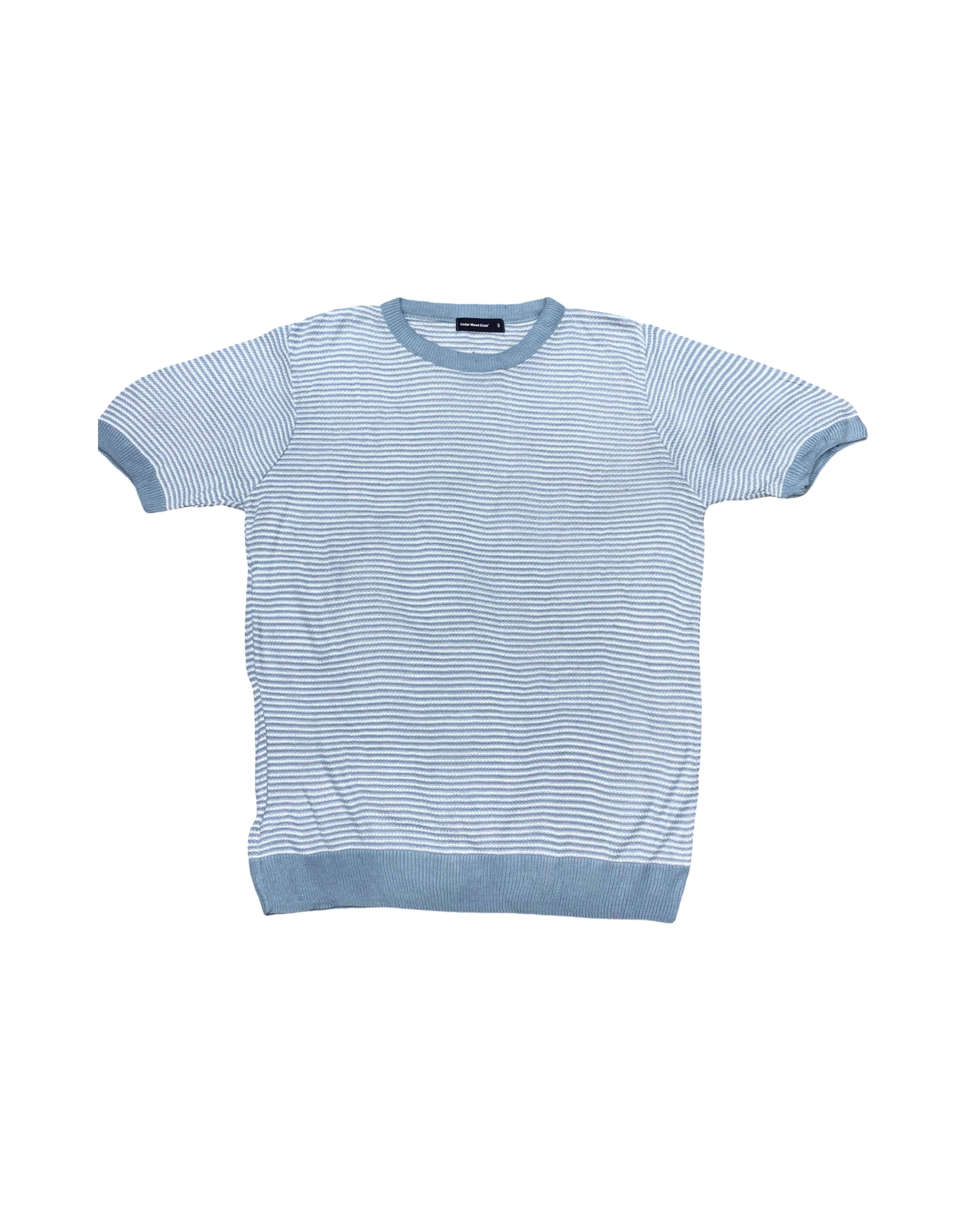 CEDAR WOOD STATE Blue & White Striped Ribbed Hem Knit T-Shirt | Small | Chest 21”