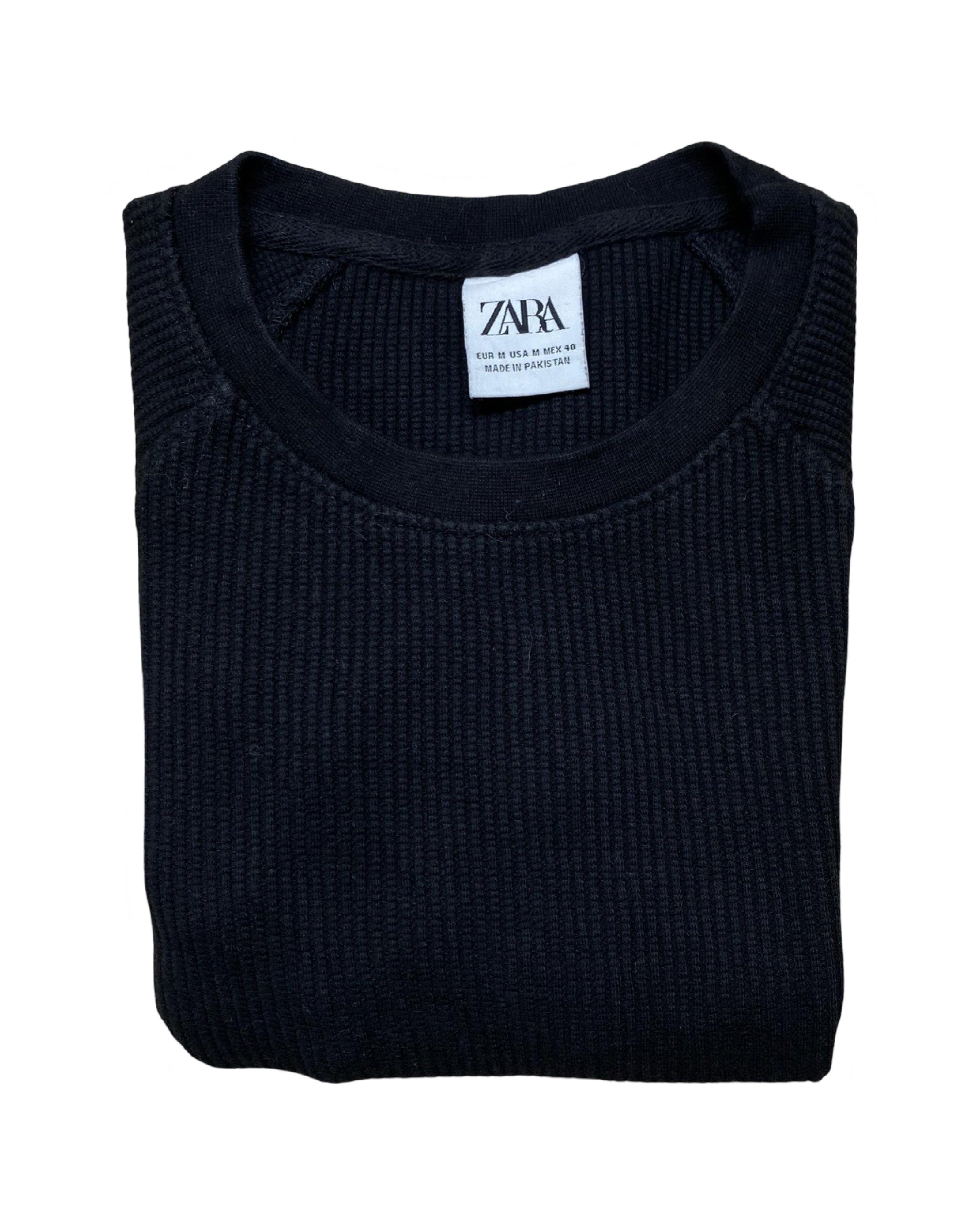ZARA Ribbed Black Knit T-Shirt | Small | Chest 18.5”