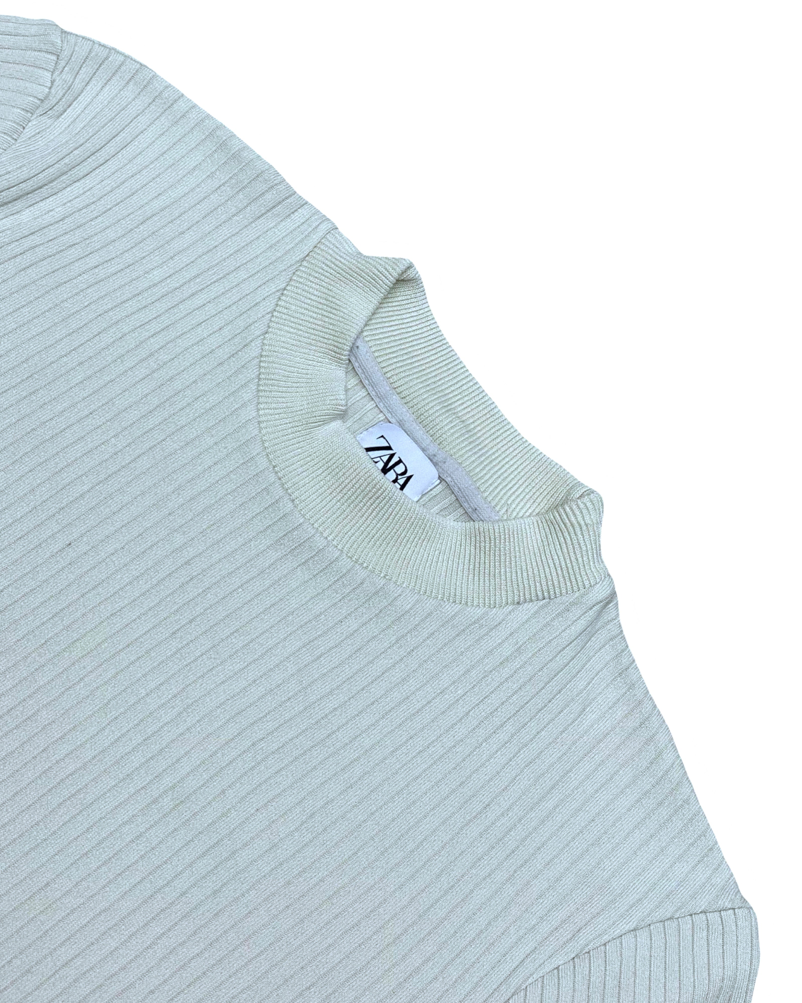 ZARA Ivory Ribbed Knit Fitted T-Shirt | Medium | Chest 20”