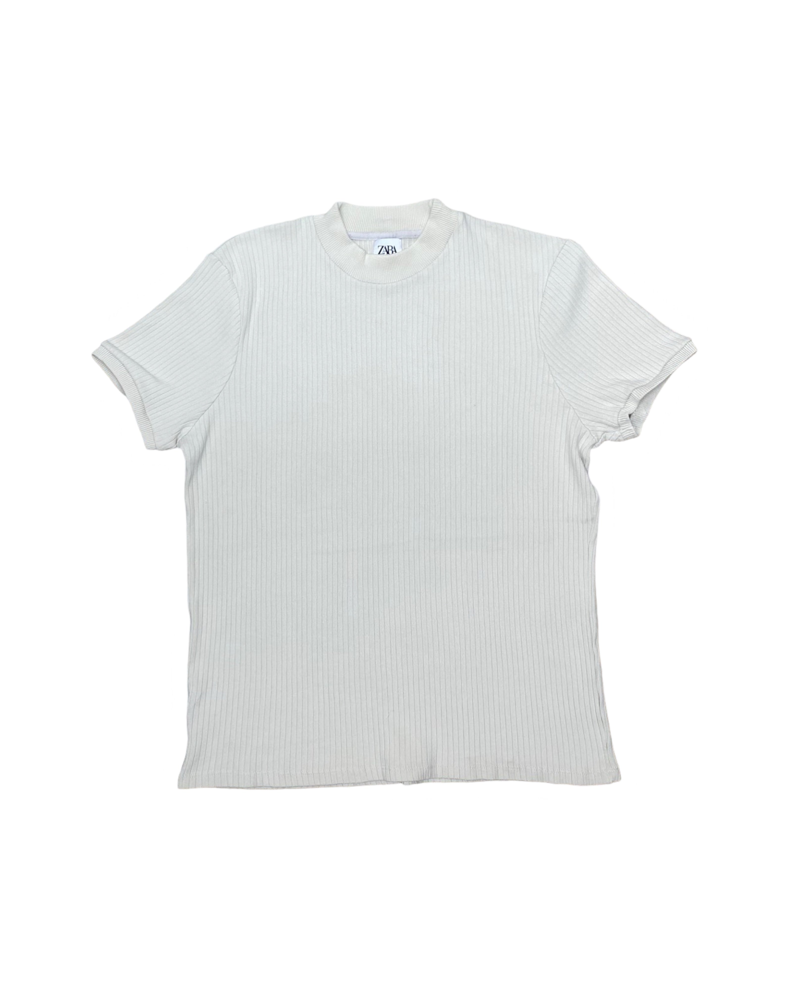 ZARA Ivory Ribbed Knit Fitted T-Shirt | Medium | Chest 20”